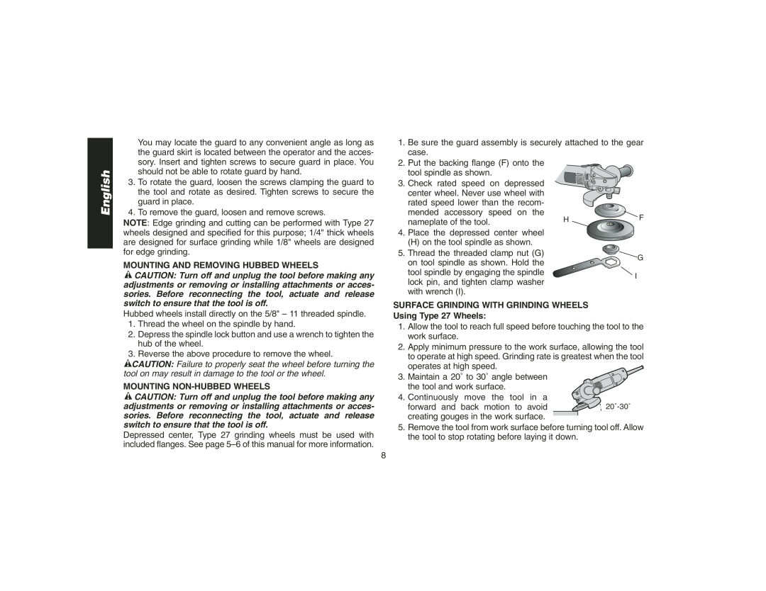 DeWalt DW400 instruction manual Mounting And Removing Hubbed Wheels, Mounting Non-Hubbed Wheels, English 