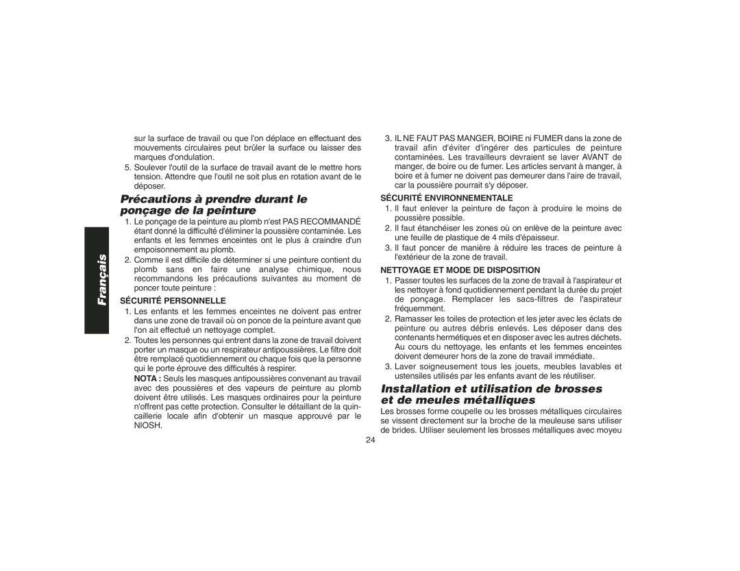 DeWalt DW400 instruction manual Précautions à prendre durant le ponçage de la peinture, Sécurité Environnementale, Français 