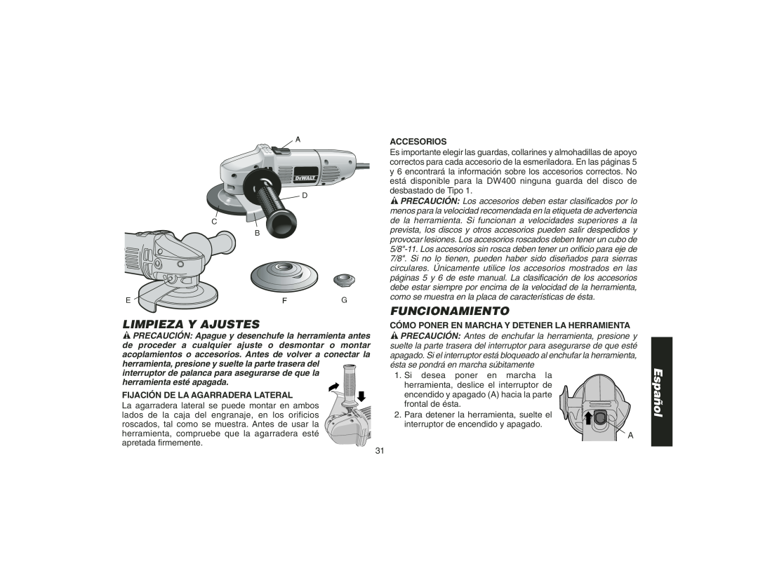 DeWalt DW400 instruction manual Limpieza Y Ajustes, Funcionamiento, Fijación De La Agarradera Lateral, Accesorios, Español 