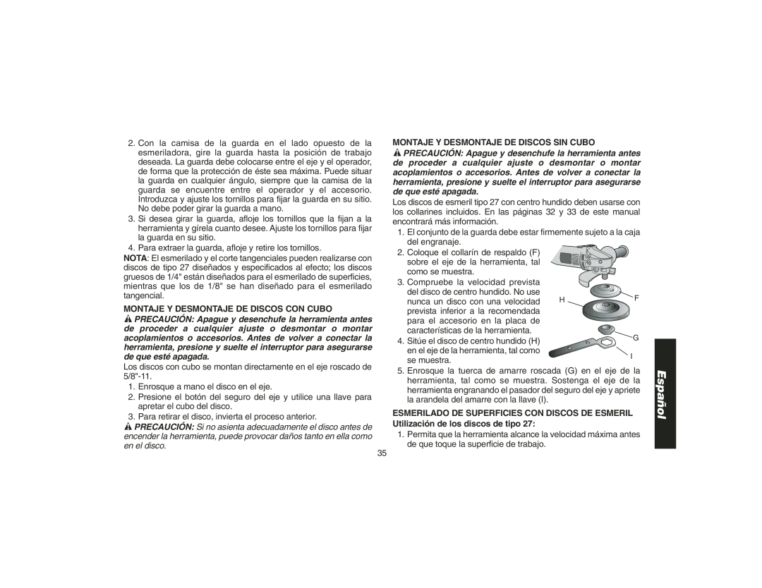 DeWalt DW400 instruction manual Montaje Y Desmontaje De Discos Con Cubo, Montaje Y Desmontaje De Discos Sin Cubo, Español 