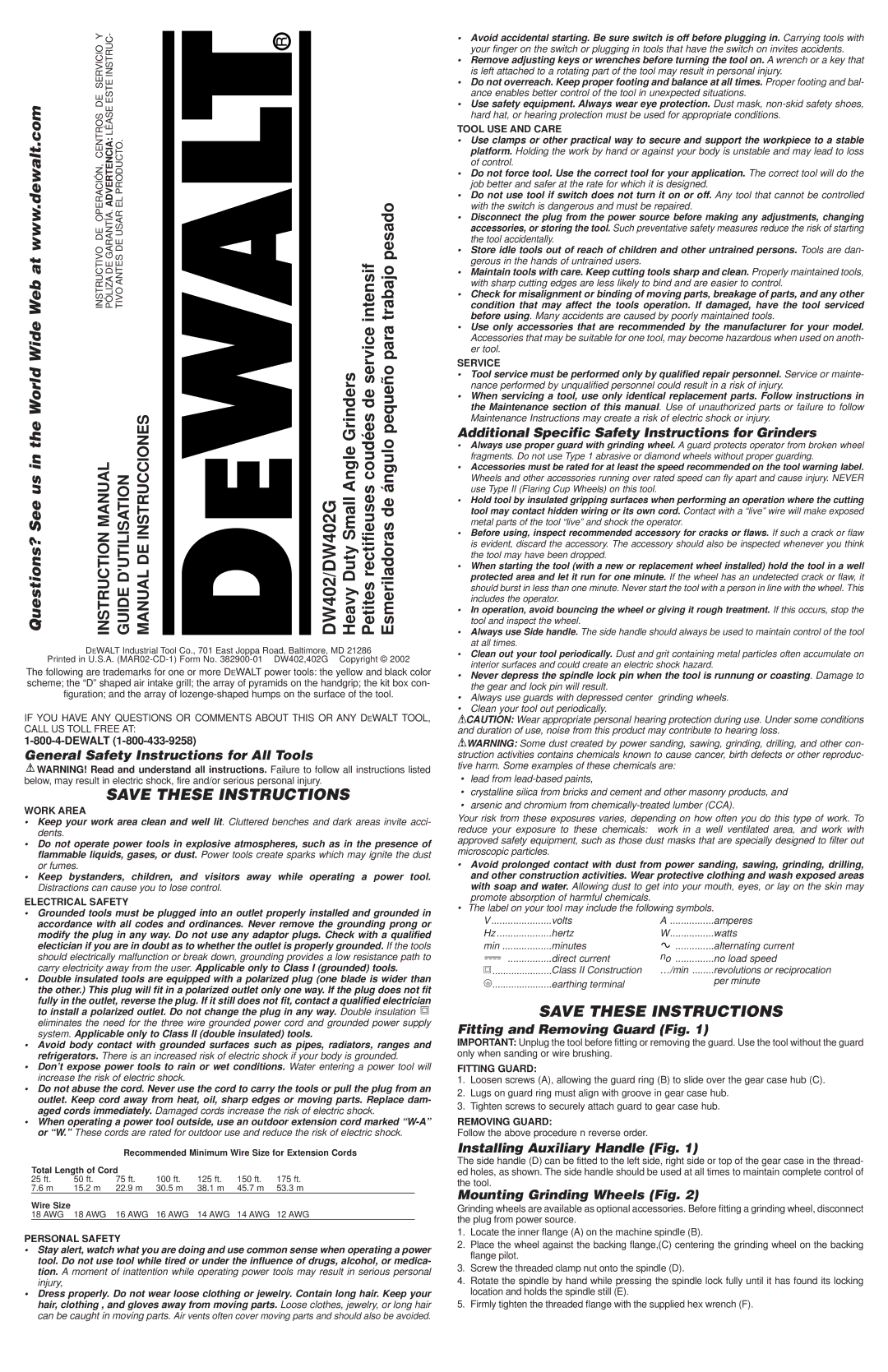 DeWalt DW402G instruction manual General Safety Instructions for All Tools, Fitting and Removing Guard Fig 