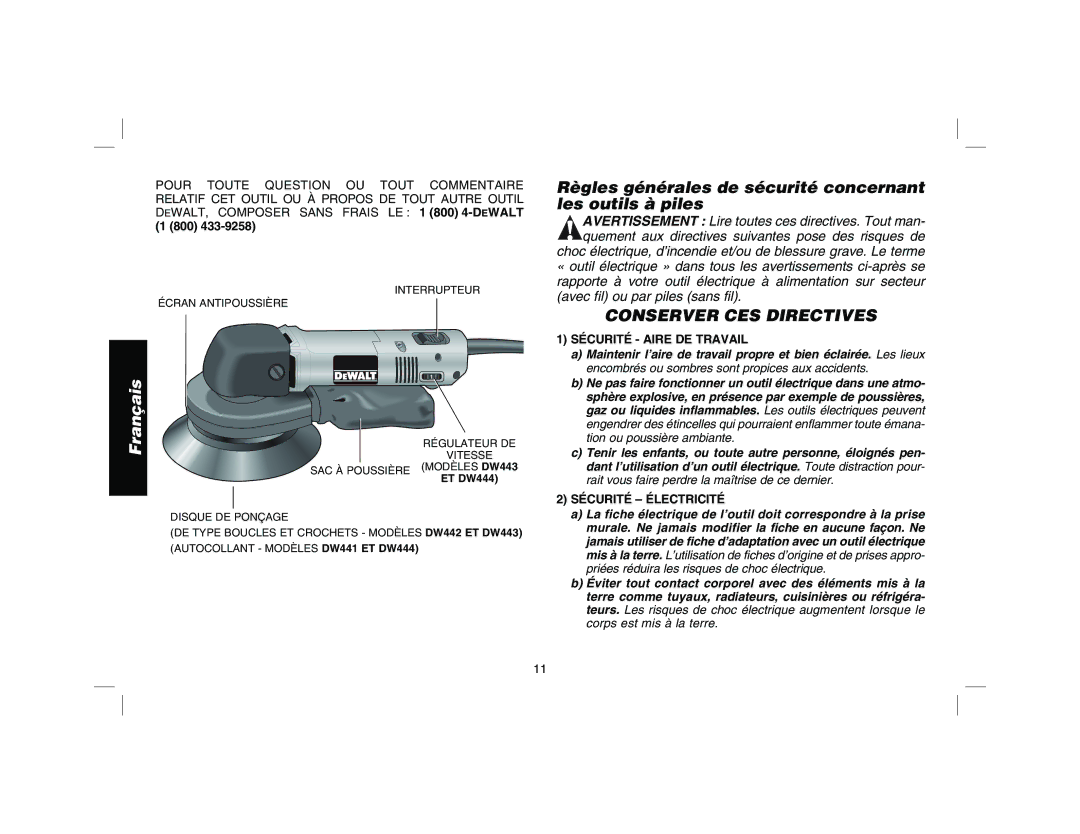 DeWalt DW443 Règles générales de sécurité concernant les outils à piles, Conserver CES Directives, Sécurité Électricité 