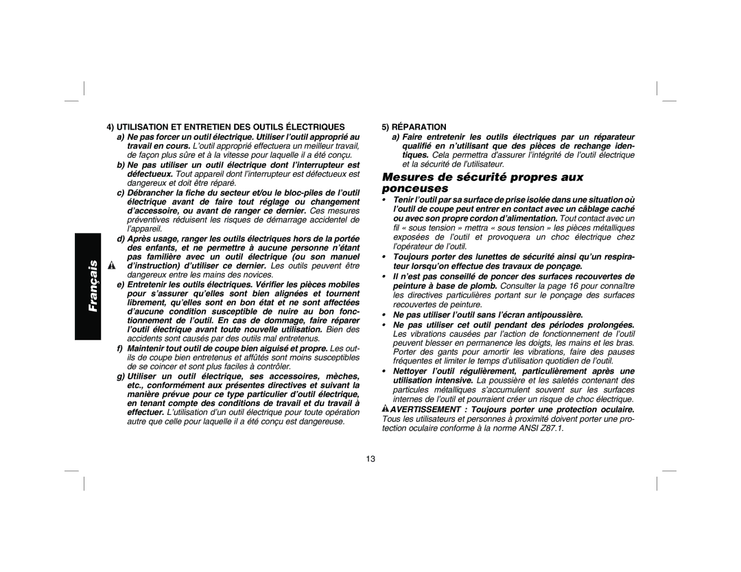 DeWalt DW443 Mesures de sécurité propres aux ponceuses, Utilisation ET Entretien DES Outils Électriques, Réparation 