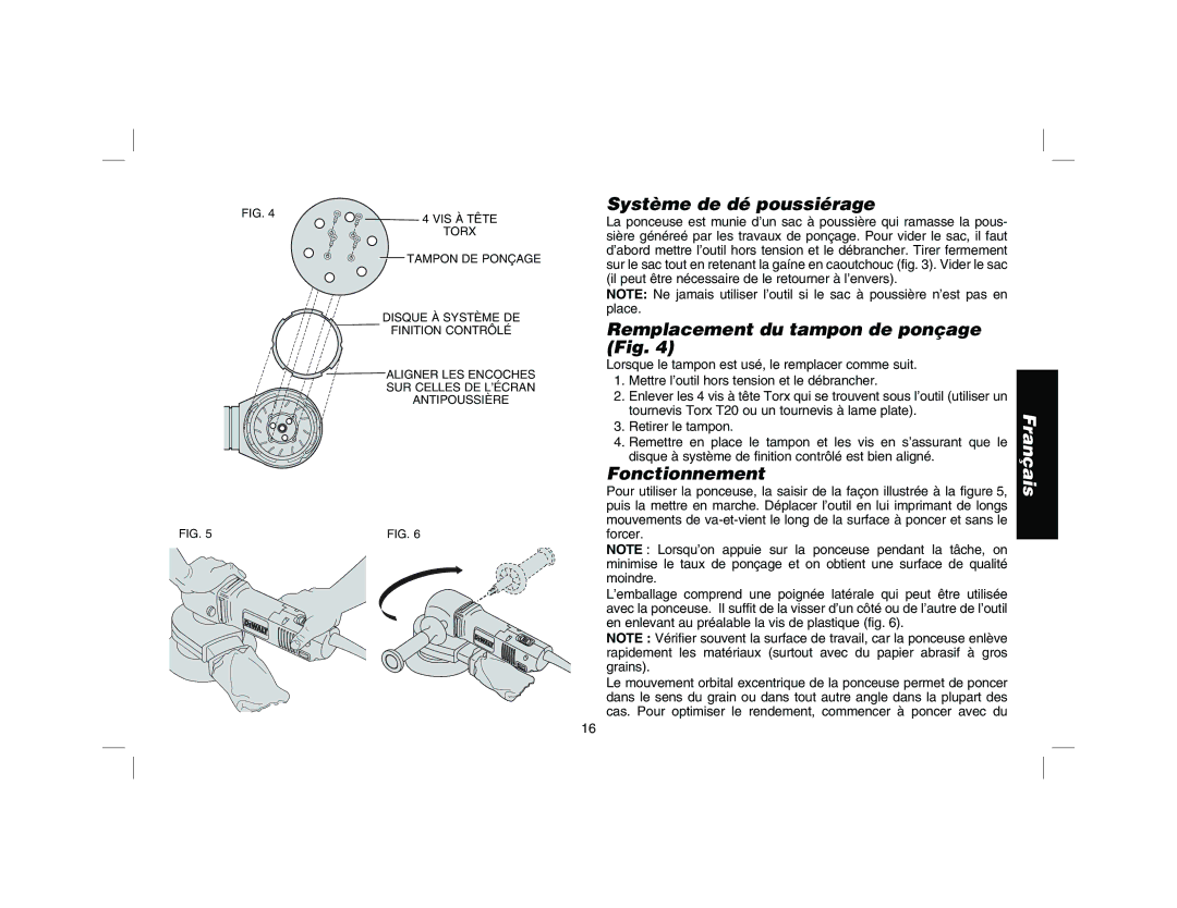 DeWalt DW443 instruction manual Système de dé poussiérage, Remplacement du tampon de ponçage Fig, Fonctionnement 