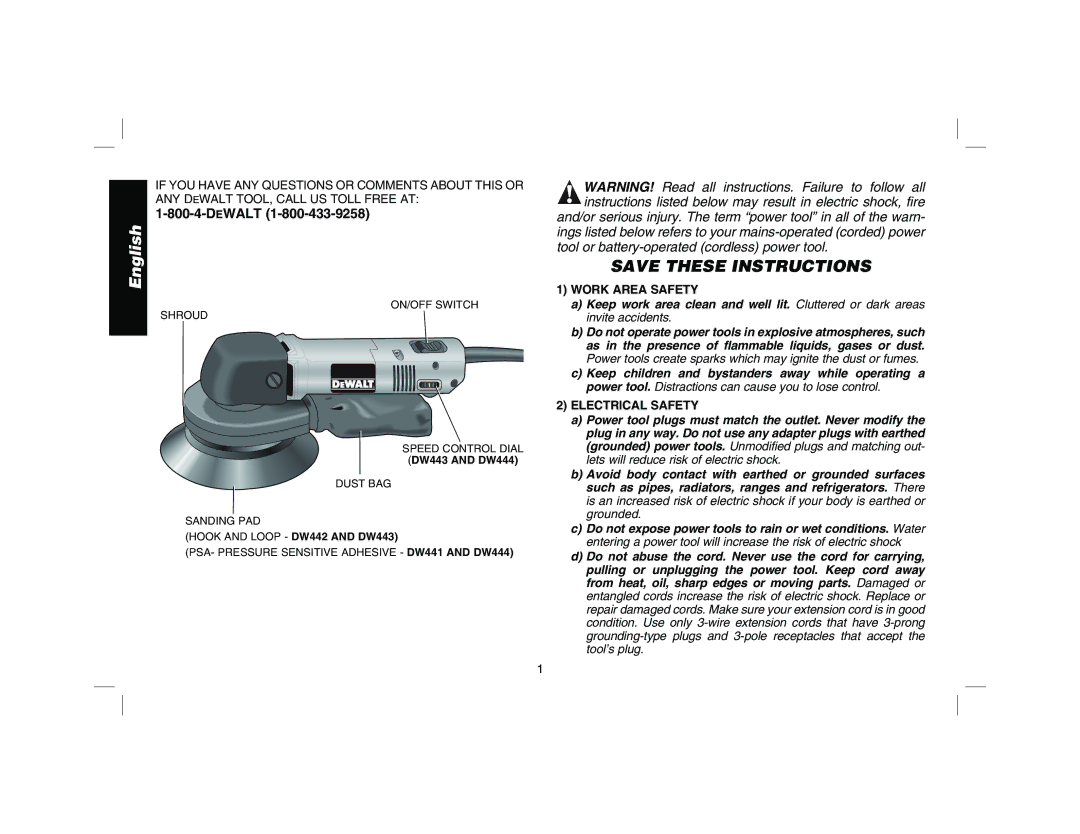 DeWalt DW443 instruction manual Work Area Safety, Electrical Safety 