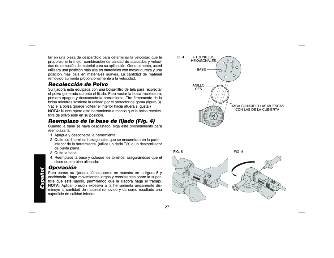 DeWalt DW443 instruction manual Recolección de Polvo, Reemplazo de la base de lijado Fig, Operación 