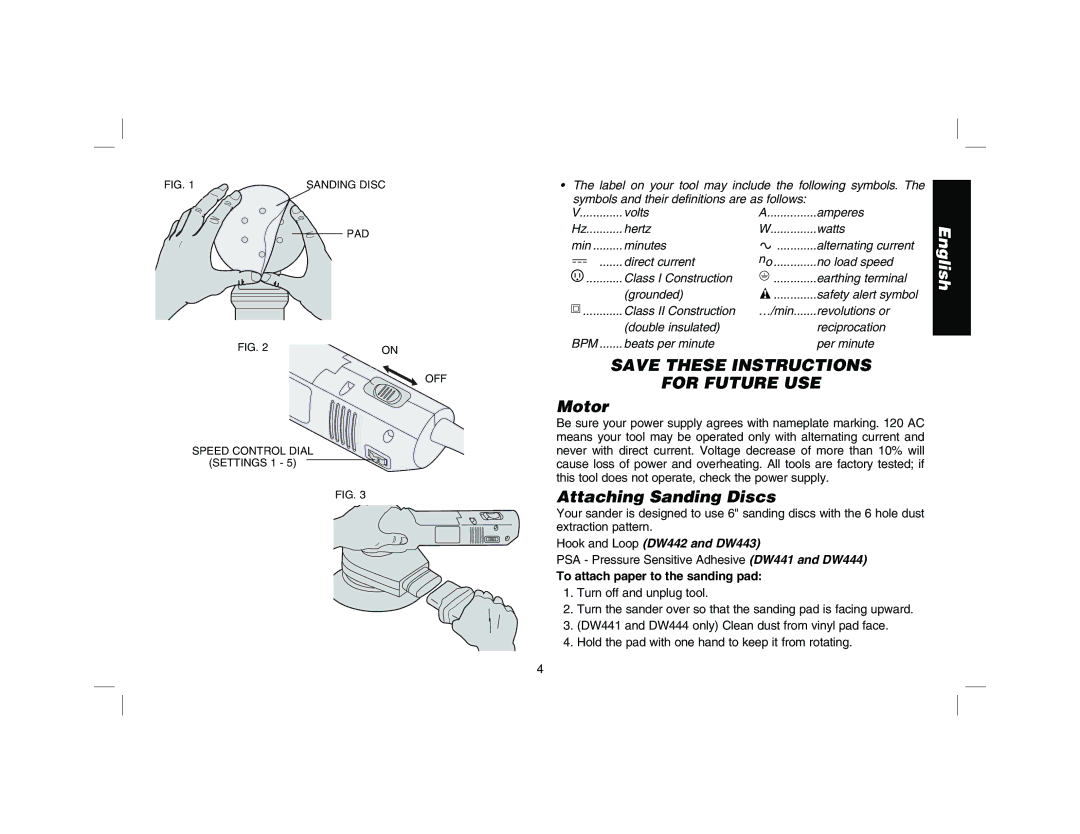 DeWalt instruction manual For Future USE, Motor, Attaching Sanding Discs, Hook and Loop DW442 and DW443 