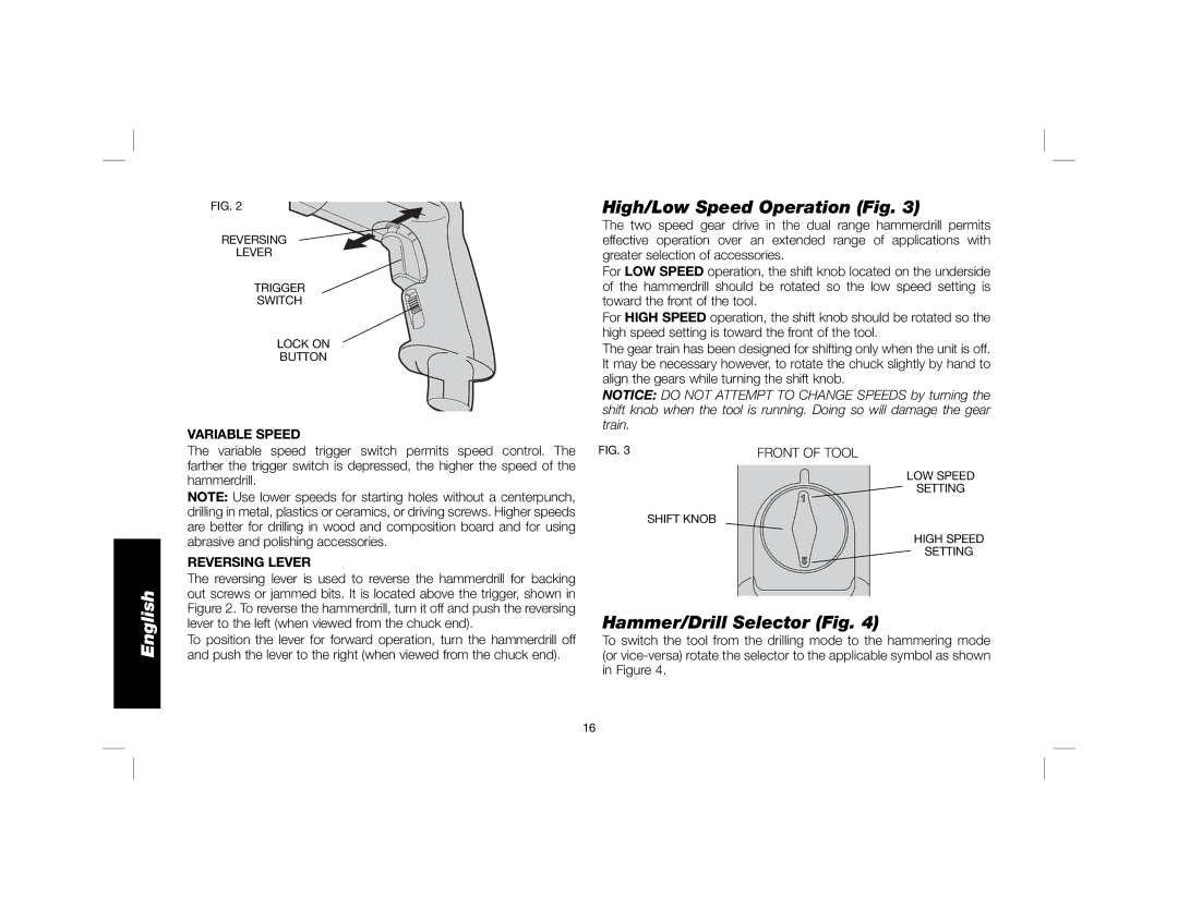 DeWalt DW505, DW515K High/Low Speed Operation Fig, Hammer/Drill Selector Fig, Variable Speed, Reversing Lever 