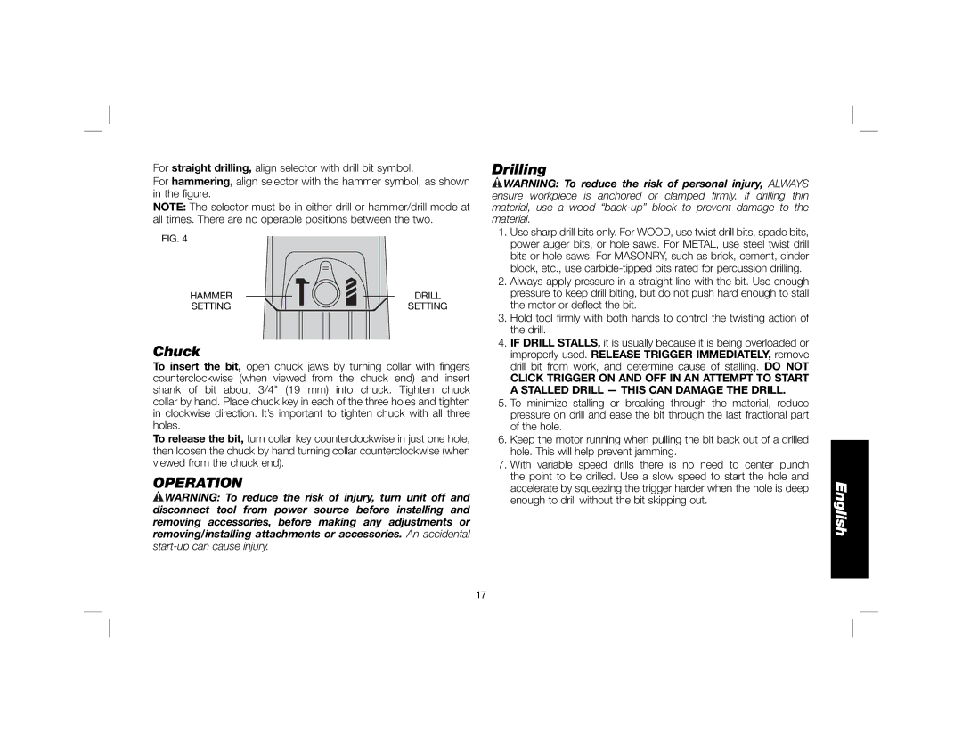 DeWalt DW515K, DW505 instruction manual Chuck, Operation, Drilling 