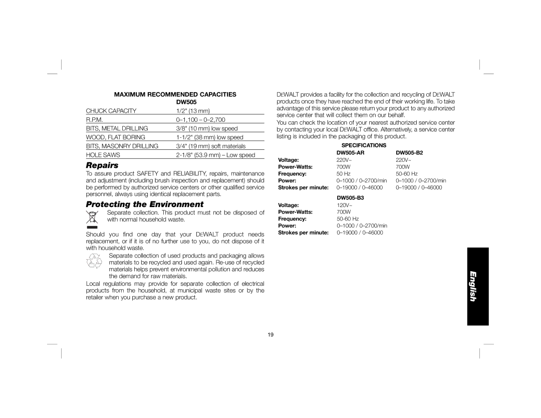 DeWalt DW515K, DW505 instruction manual Repairs, Protecting the Environment, Maximum Recommended Capacities 