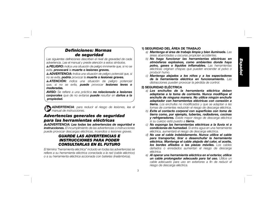 DeWalt DW515K, DW505 instruction manual Deﬁniciones Normas de seguridad, Seguridad DEL Área DE Trabajo, Seguridad Eléctrica 