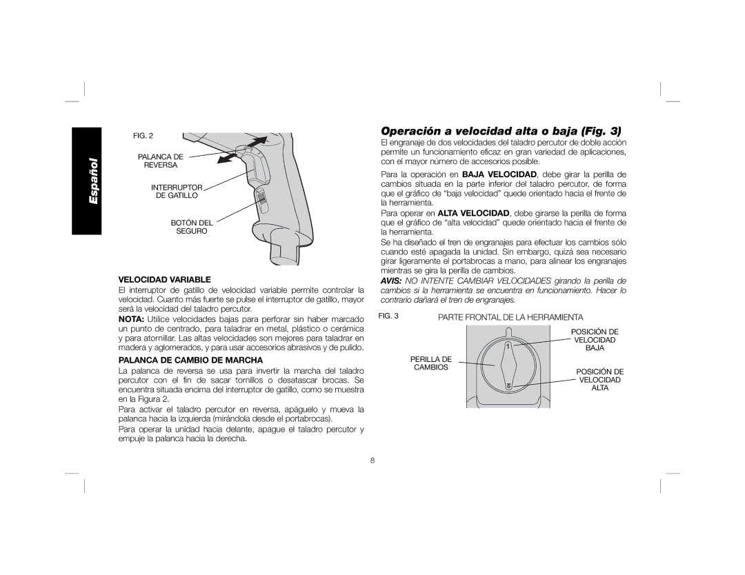 DeWalt DW505, DW515K Operación a velocidad alta o baja Fig, Velocidad Variable, Palanca DE Cambio DE Marcha 