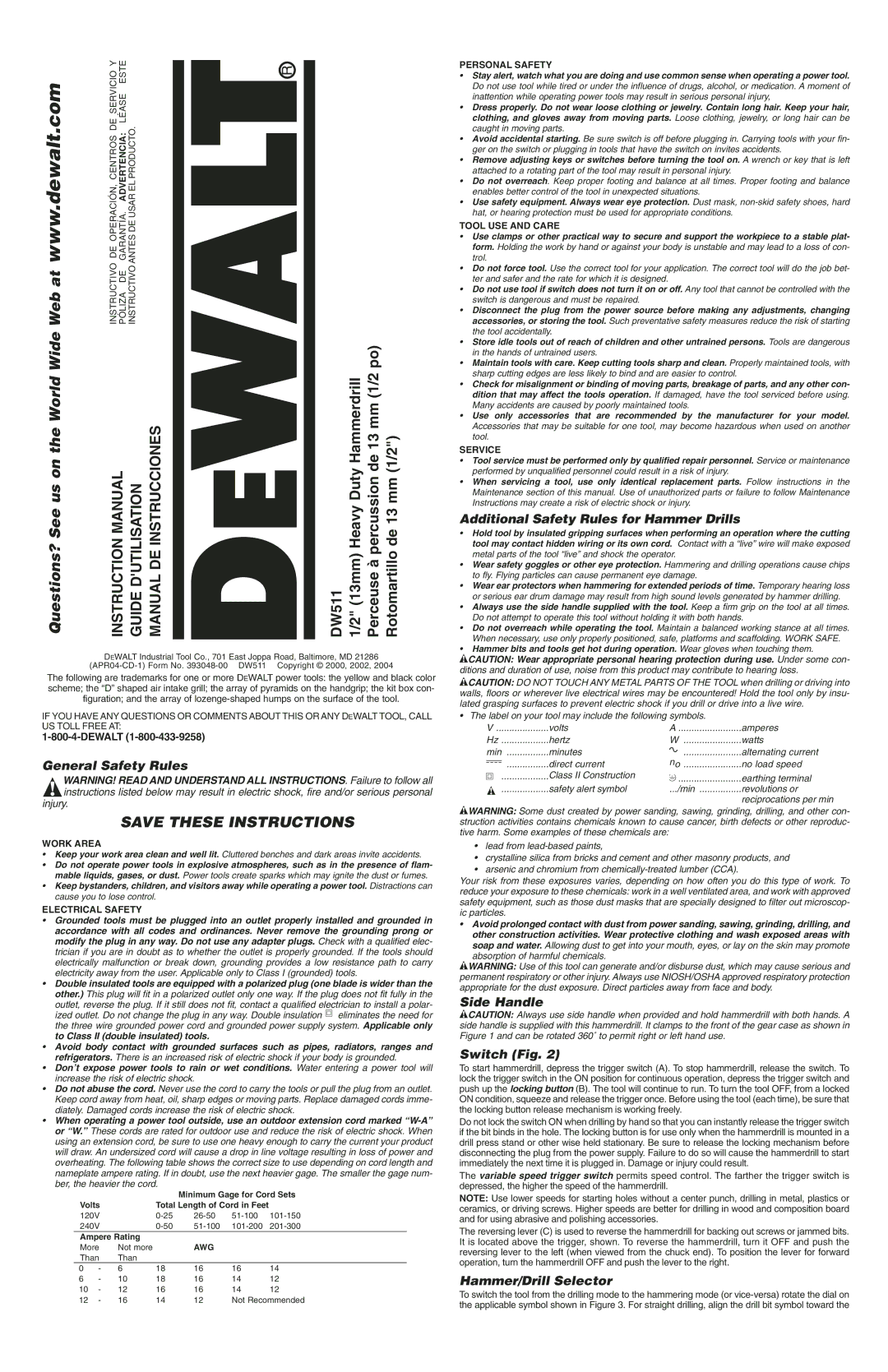 DeWalt DW511 instruction manual General Safety Rules, Additional Safety Rules for Hammer Drills, Side Handle Switch Fig 