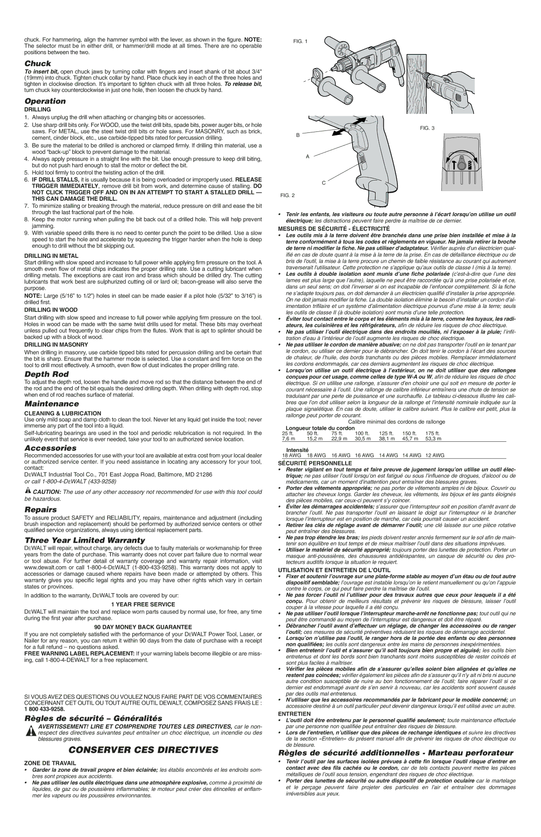 DeWalt DW511 instruction manual Chuck, Operation, Depth Rod, Maintenance, Accessories, Repairs, Three Year Limited Warranty 