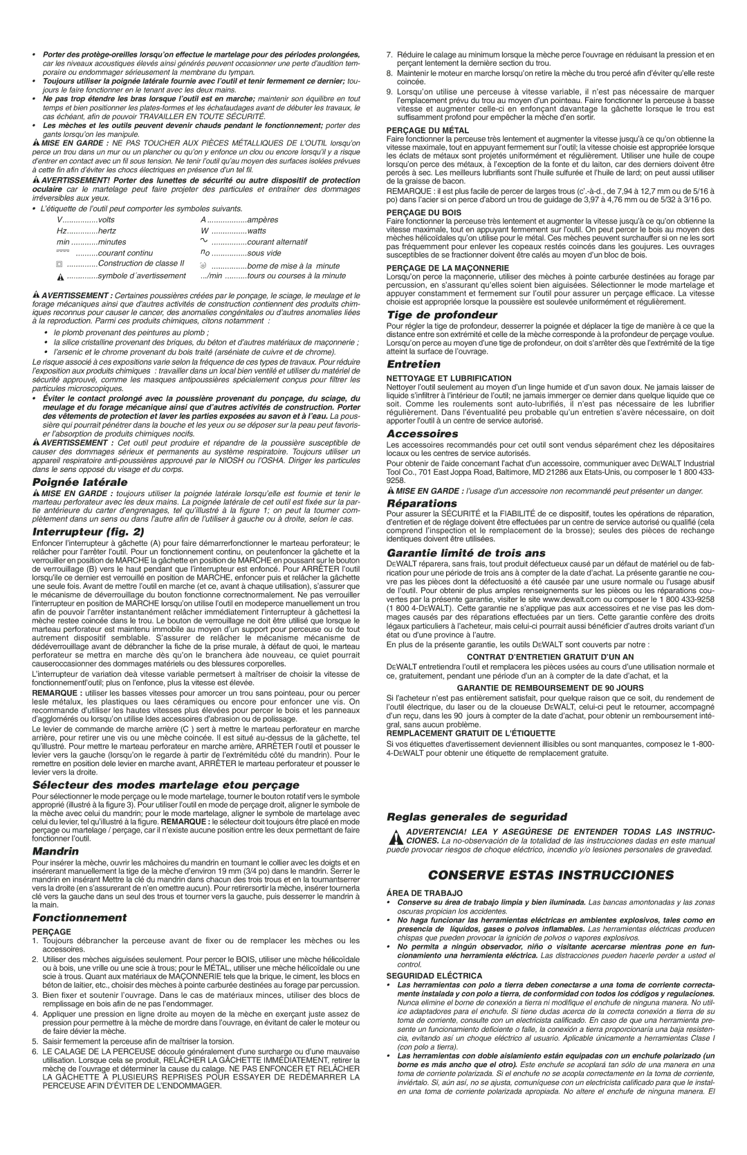 DeWalt DW511 Poignée latérale, Interrupteur fig, Sélecteur des modes martelage etou perçage, Mandrin, Fonctionnement 