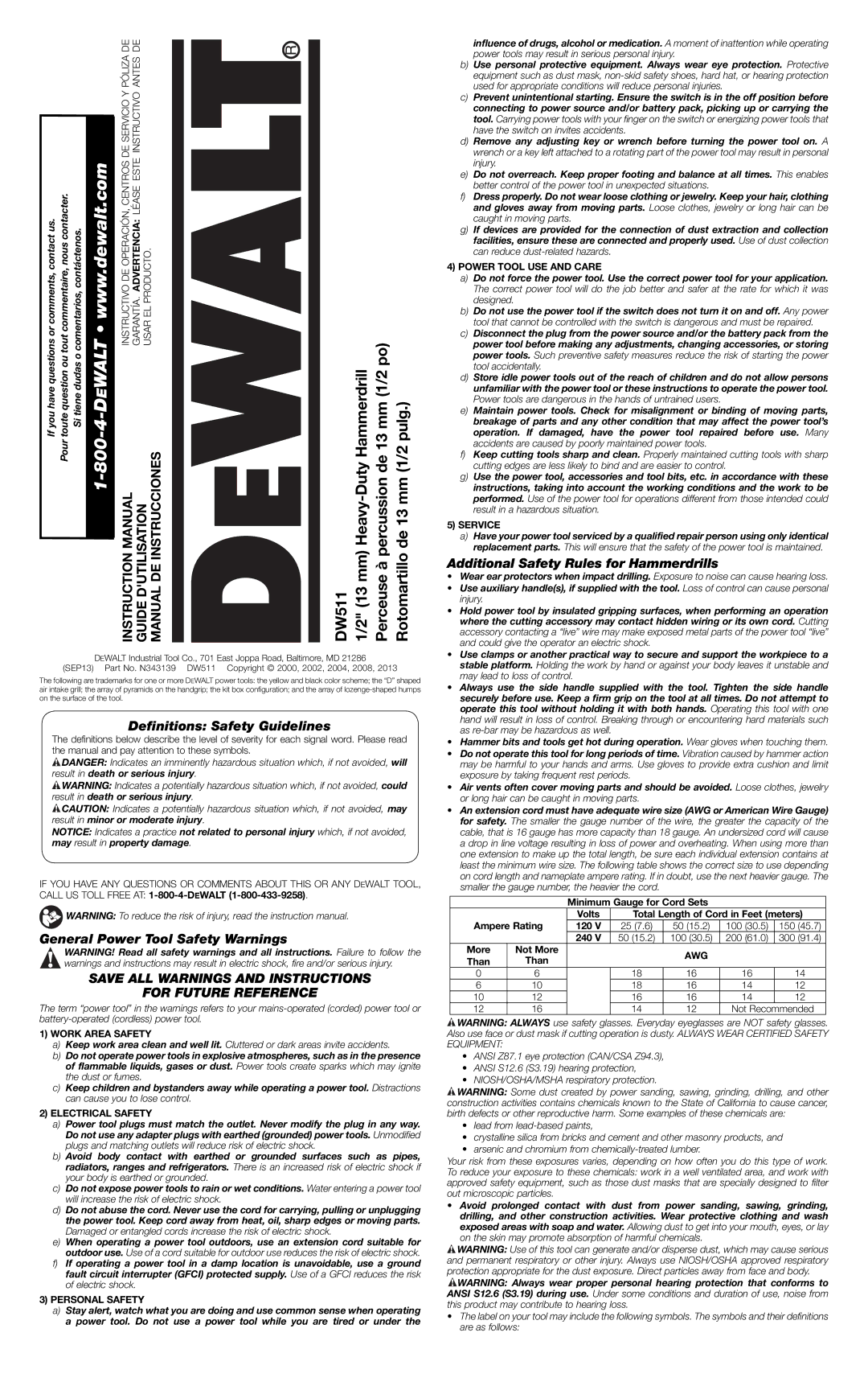 DeWalt DW511 instruction manual Deﬁnitions Safety Guidelines, General Power Tool Safety Warnings 