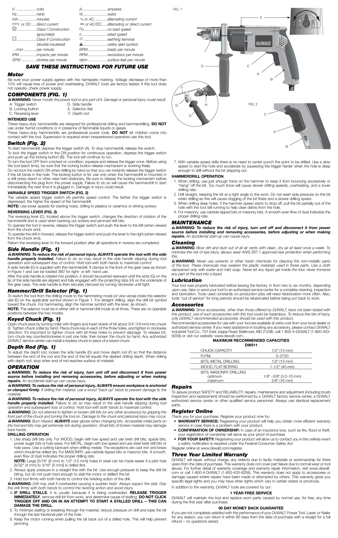 DeWalt DW511 instruction manual Save These Instructions for Future USE, Components FIG, Operation, Maintenance 