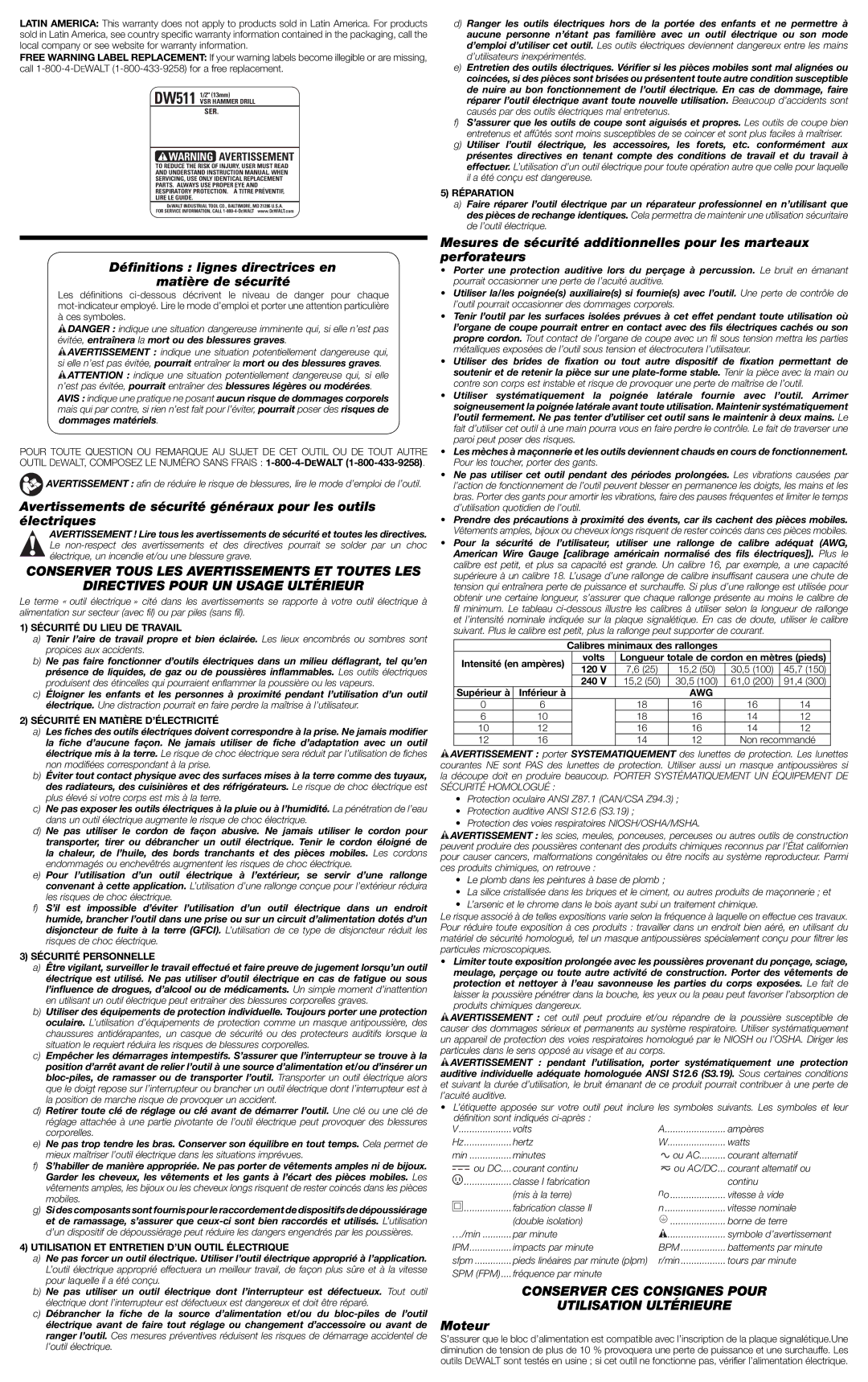 DeWalt DW511 Déﬁnitions lignes directrices en Matière de sécurité, Conserver CES Consignes Pour Utilisation Ultérieure 