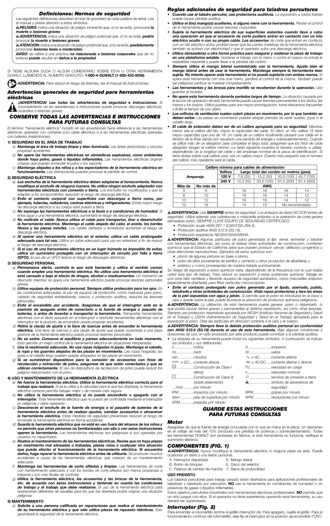 DeWalt DW511 Deﬁniciones Normas de seguridad, Reglas adicionales de seguridad para taladros percutores, Componentes FIG 