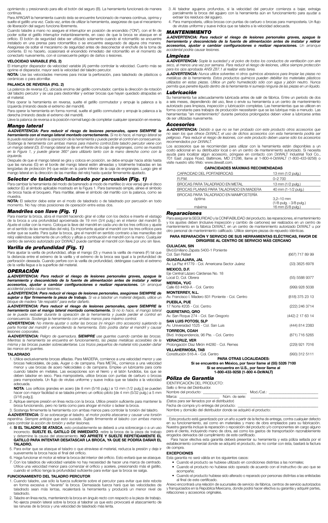 DeWalt DW511 instruction manual Operación, Mantenimiento 