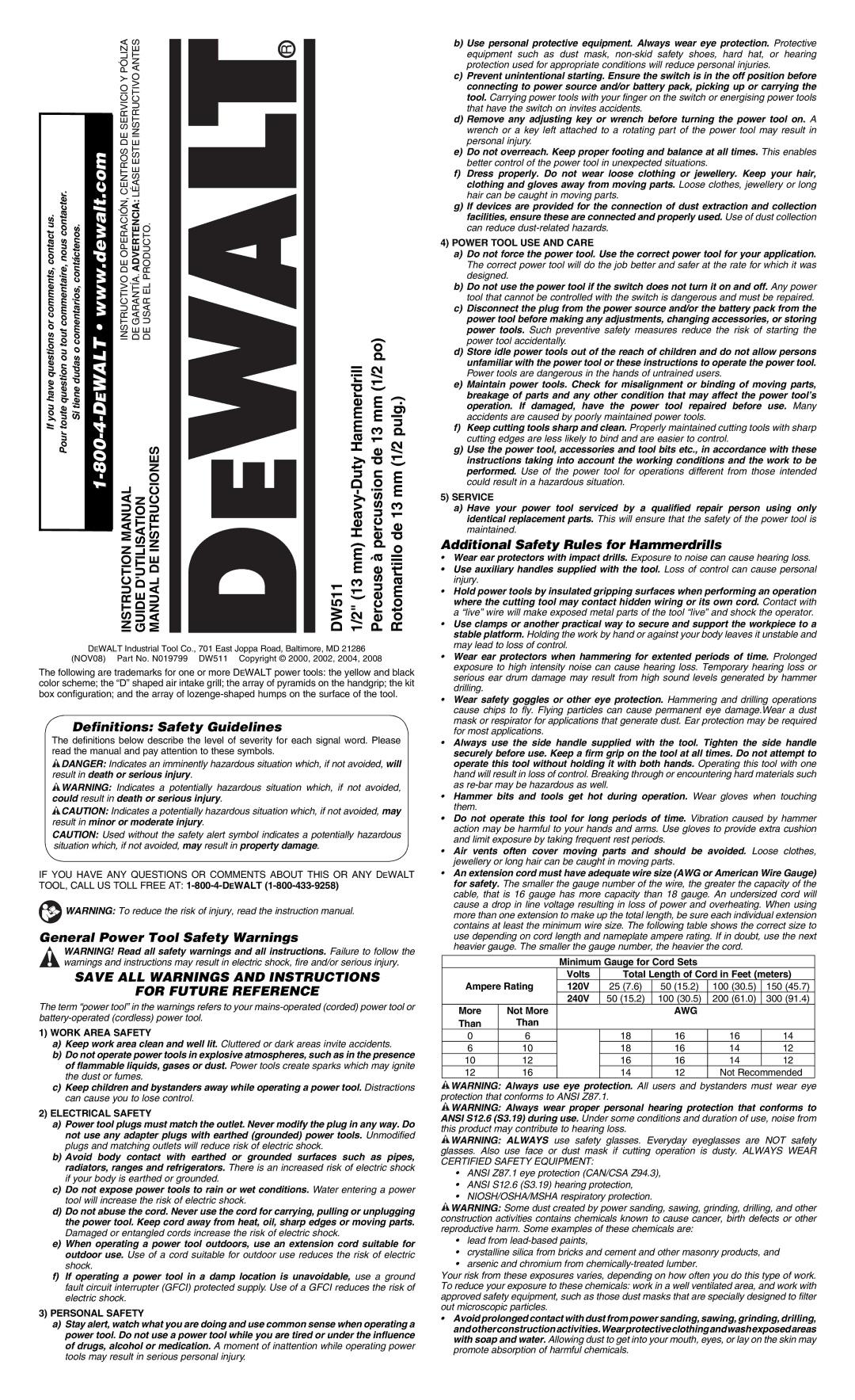 DeWalt DW511 instruction manual Definitions Safety Guidelines, General Power Tool Safety Warnings 