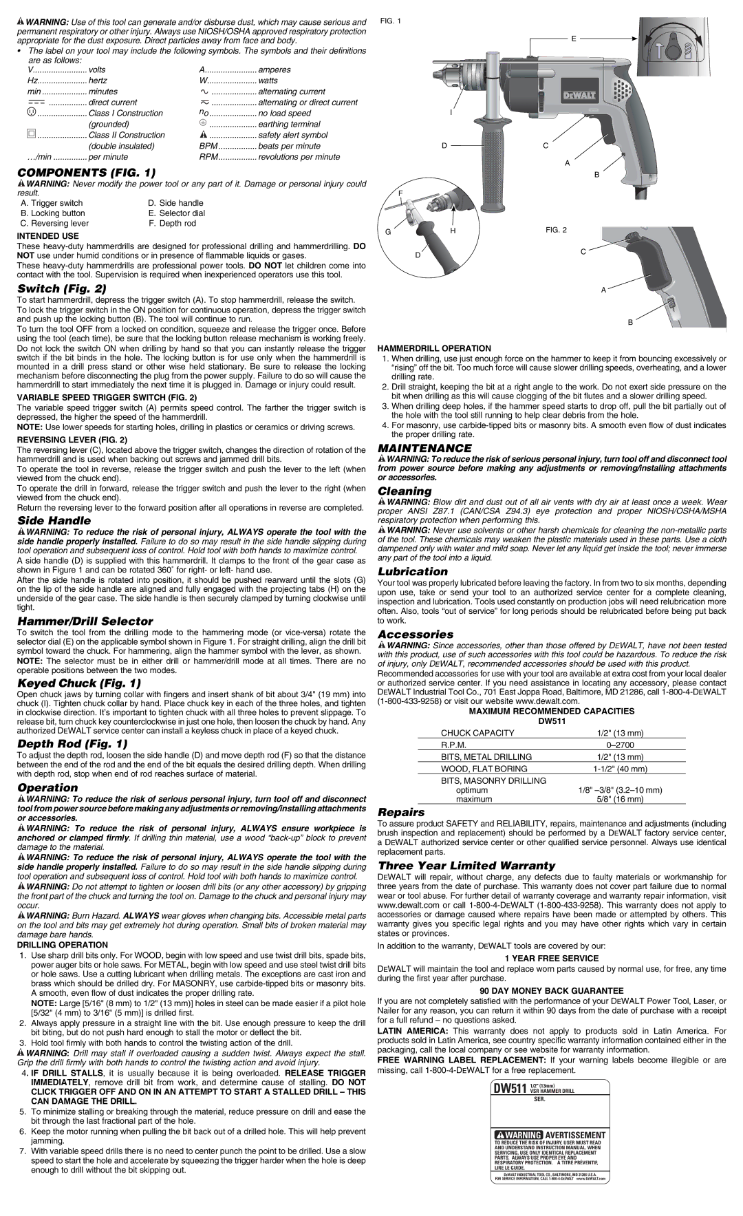 DeWalt DW511 instruction manual Components FIG, Maintenance 