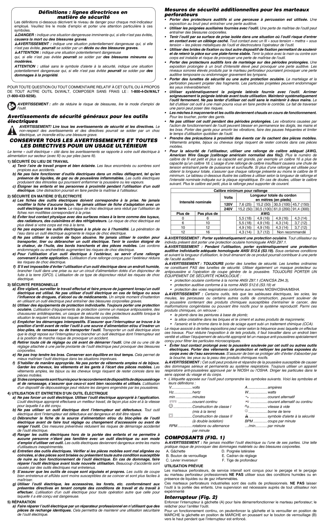 DeWalt DW511 instruction manual Définitions lignes directrices en matière de sécurité, Composants FIG, Interrupteur Fig 