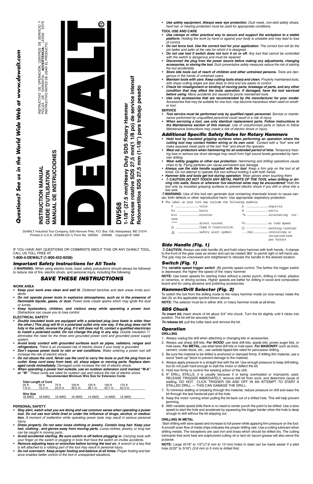 DeWalt DW568 instruction manual Important Safety Instructions for All Tools, Side Handle Fig Switch Fig, SDS Chuck 