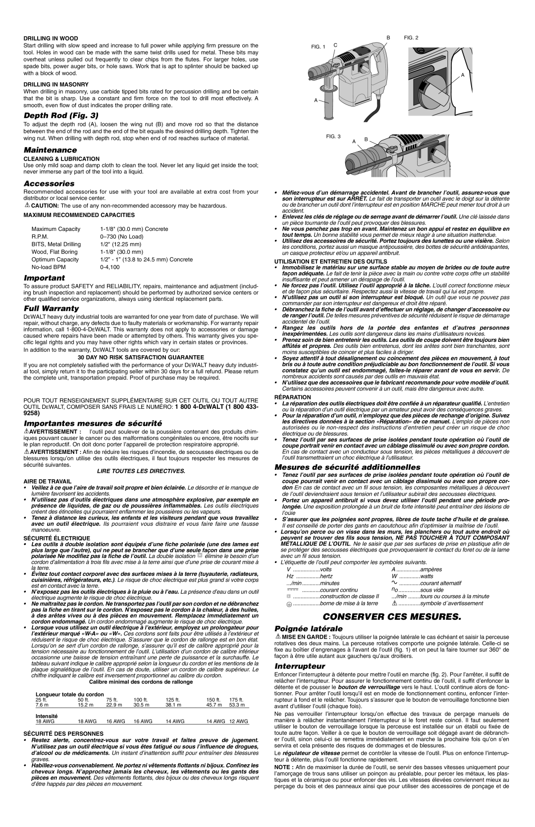 DeWalt DW568 Depth Rod Fig, Maintenance, Accessories, Full Warranty, Importantes mesures de sécurité, Poignée latérale 