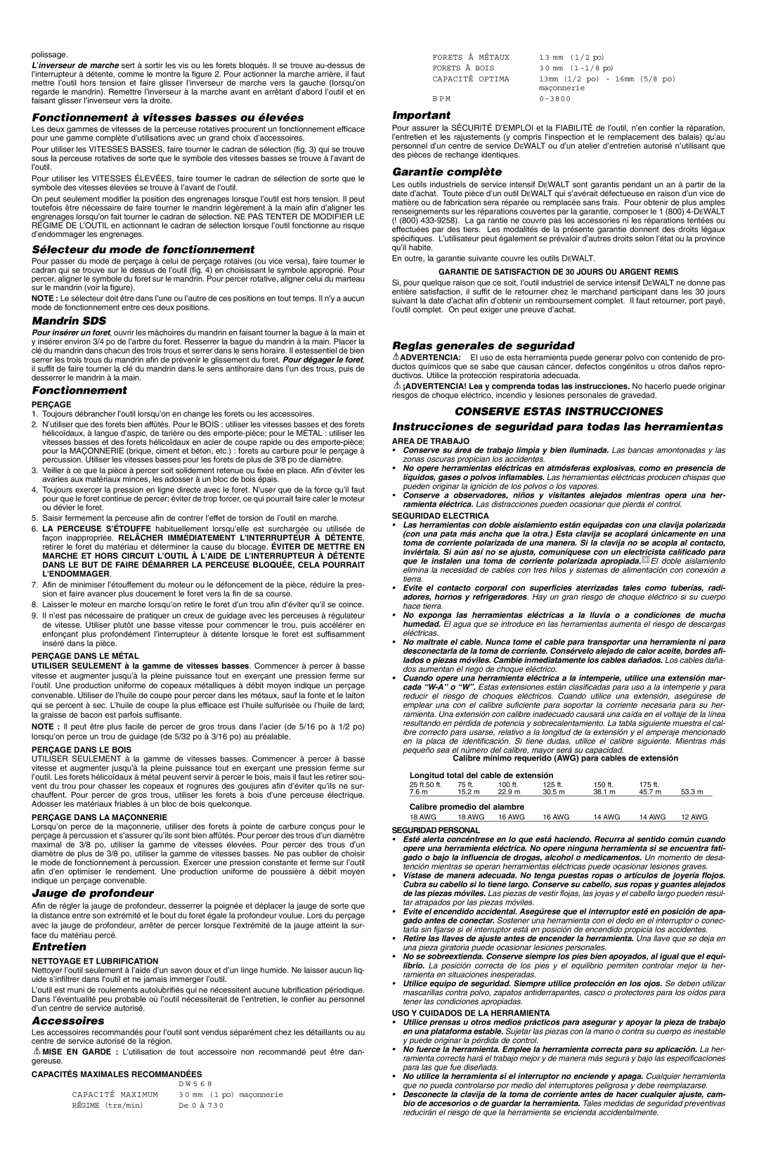 DeWalt DW568 Fonctionnement à vitesses basses ou élevées, Sélecteur du mode de fonctionnement, Mandrin SDS, Entretien 