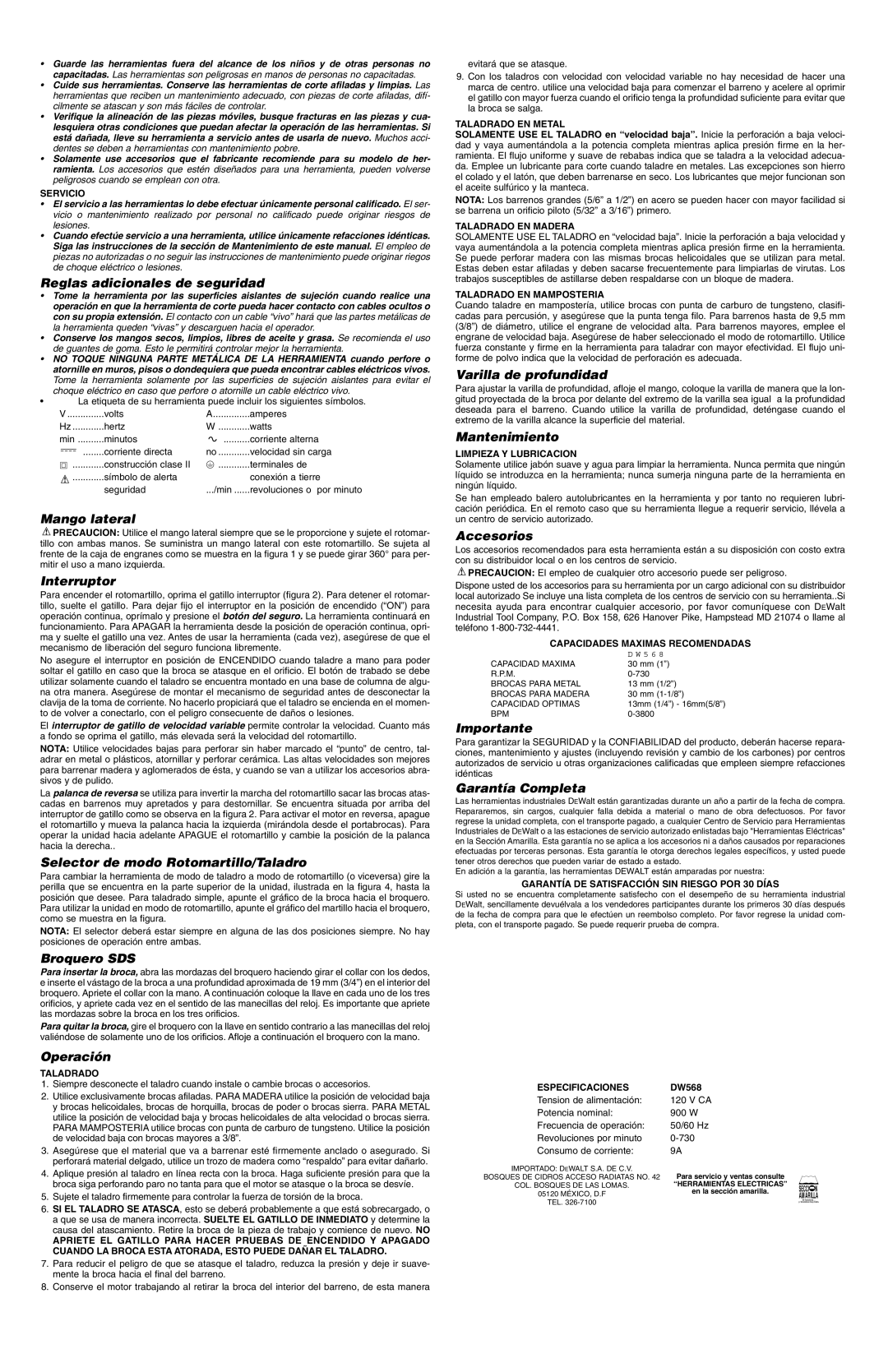 DeWalt DW568 Reglas adicionales de seguridad, Mango lateral, Interruptor, Selector de modo Rotomartillo/Taladro, Operación 