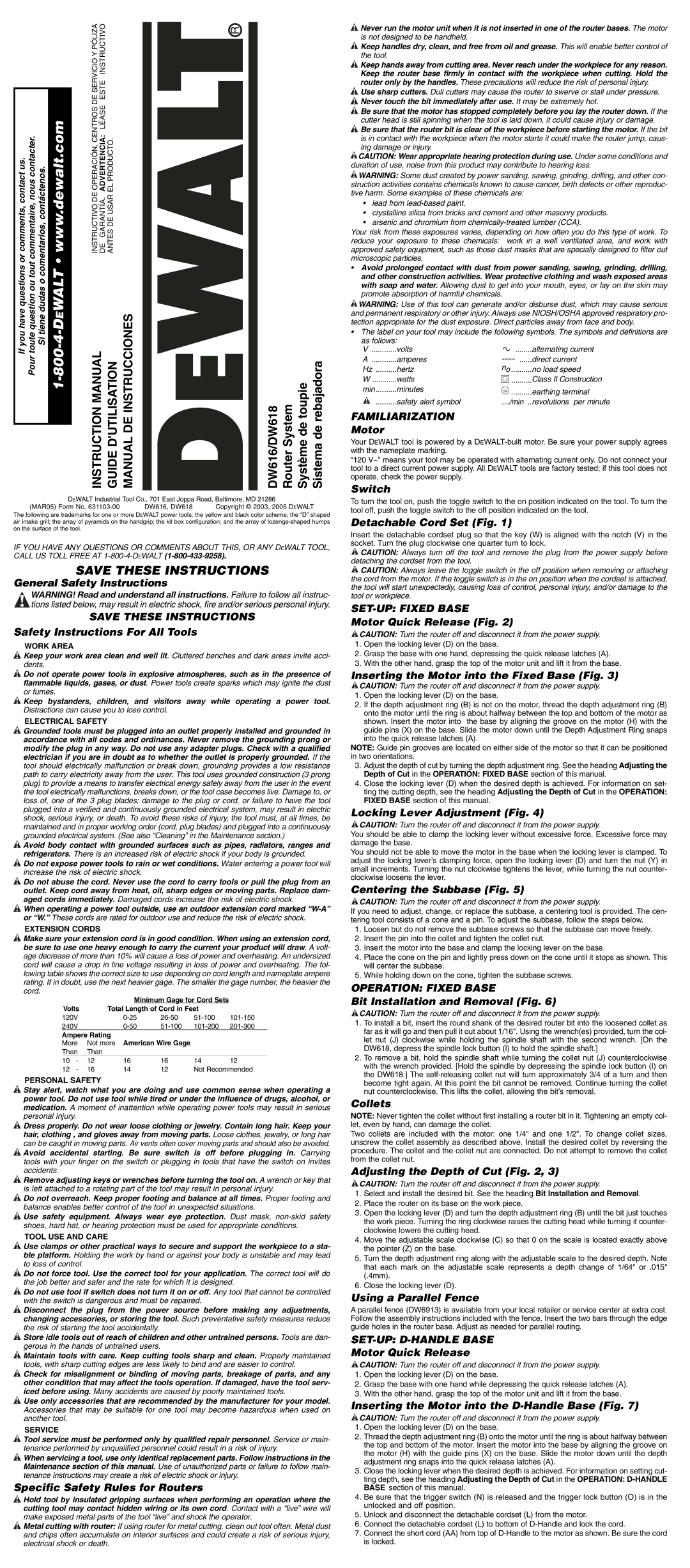 DeWalt DW618, DW616PK instruction manual Familiarization, SET-UP Fixed Base, Operation Fixed Base, SET-UP D-HANDLE Base 