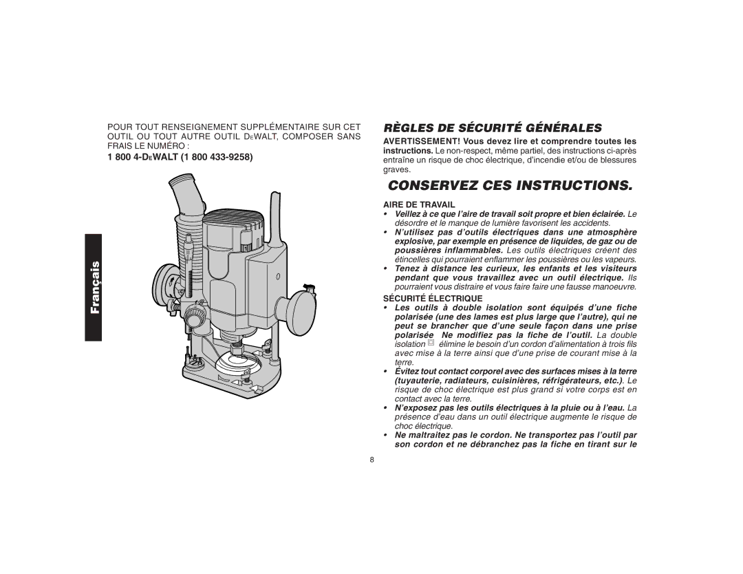 DeWalt DW621 manual Aire DE Travail, Sécurité Électrique 