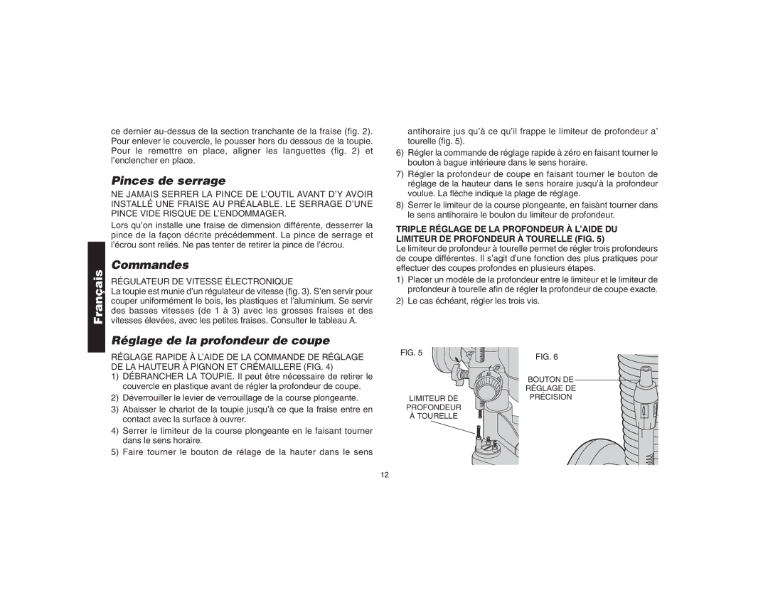 DeWalt DW621 manual Pinces de serrage, Commandes, Réglage de la profondeur de coupe 