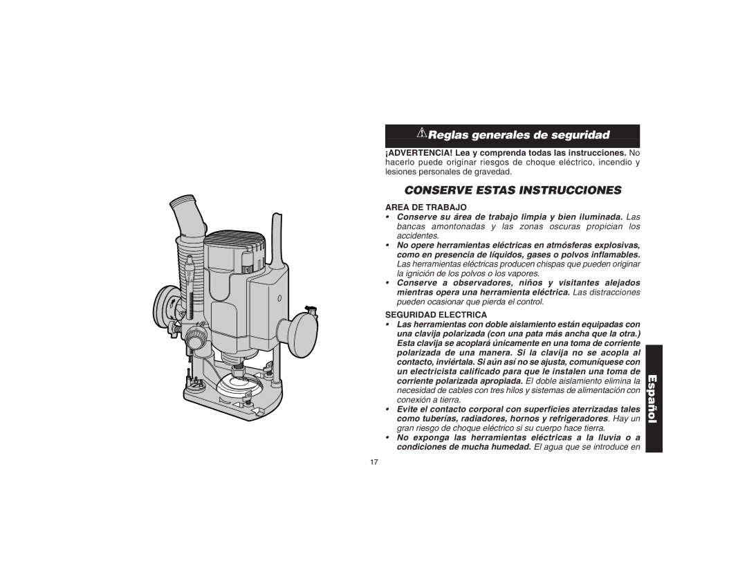 DeWalt DW621 manual Area DE Trabajo, Seguridad Electrica 