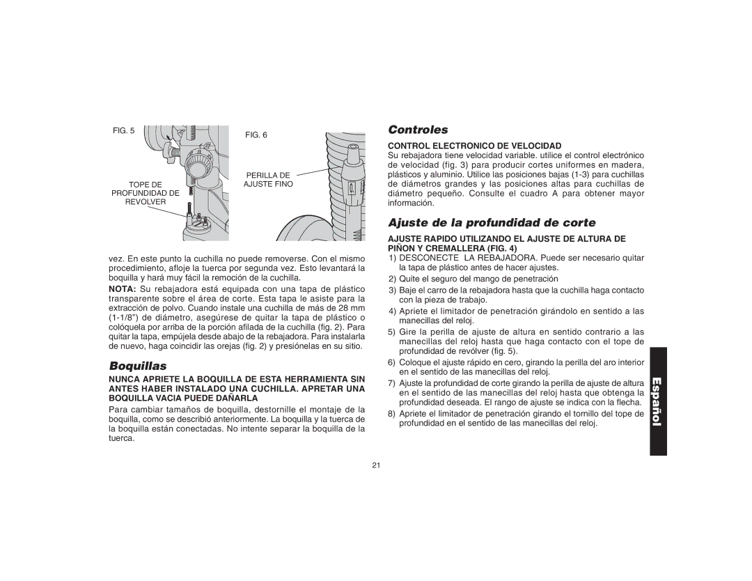DeWalt DW621 manual Controles, Ajuste de la profundidad de corte, Boquillas, Control Electronico DE Velocidad 