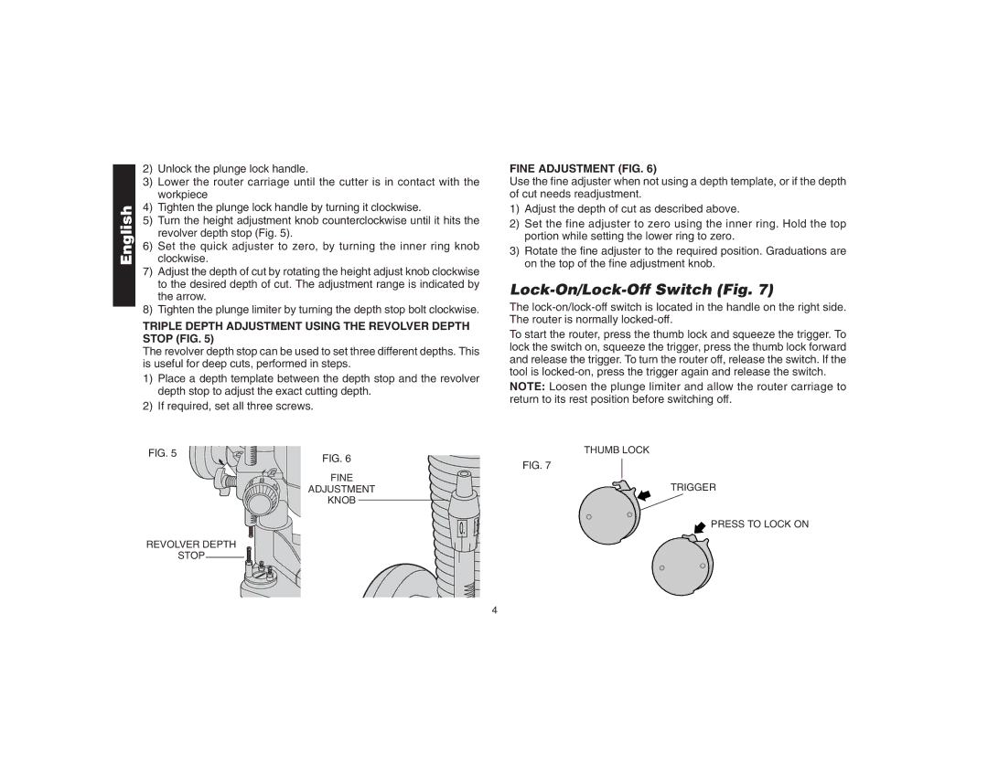 DeWalt DW621 Lock-On/Lock-Off Switch Fig, Triple Depth Adjustment Using the Revolver Depth Stop FIG, Fine Adjustment FIG 