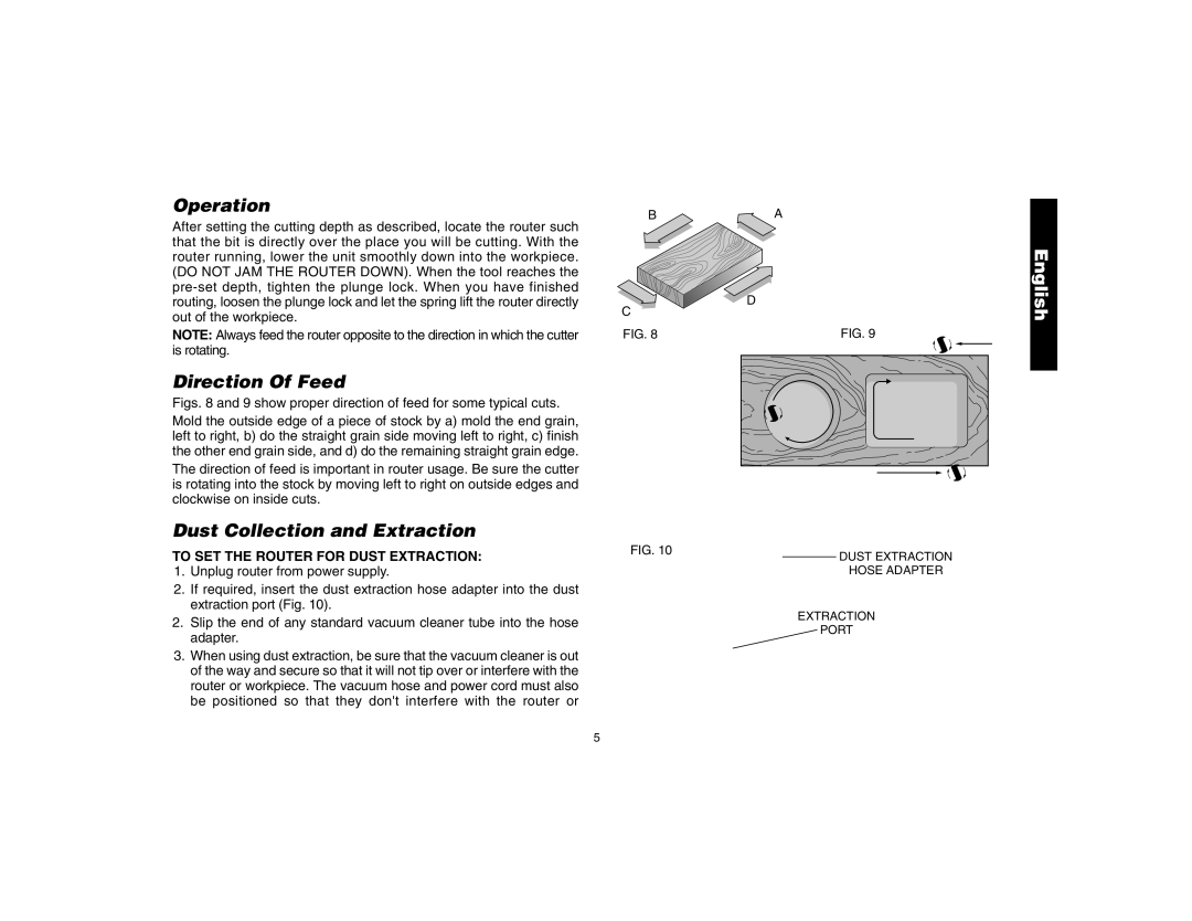 DeWalt DW621 manual Operation, Direction Of Feed, Dust Collection and Extraction, To SET the Router for Dust Extraction 