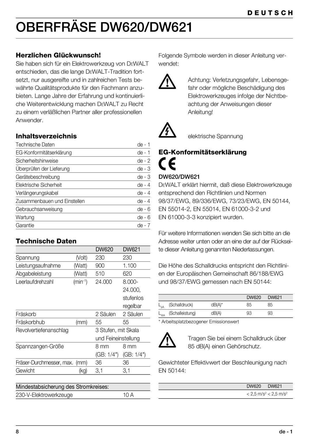 DeWalt Oberfräse DW620/DW621, Herzlichen Glückwunsch, Inhaltsverzeichnis, EG-Konformitätserklärung, Technische Daten 