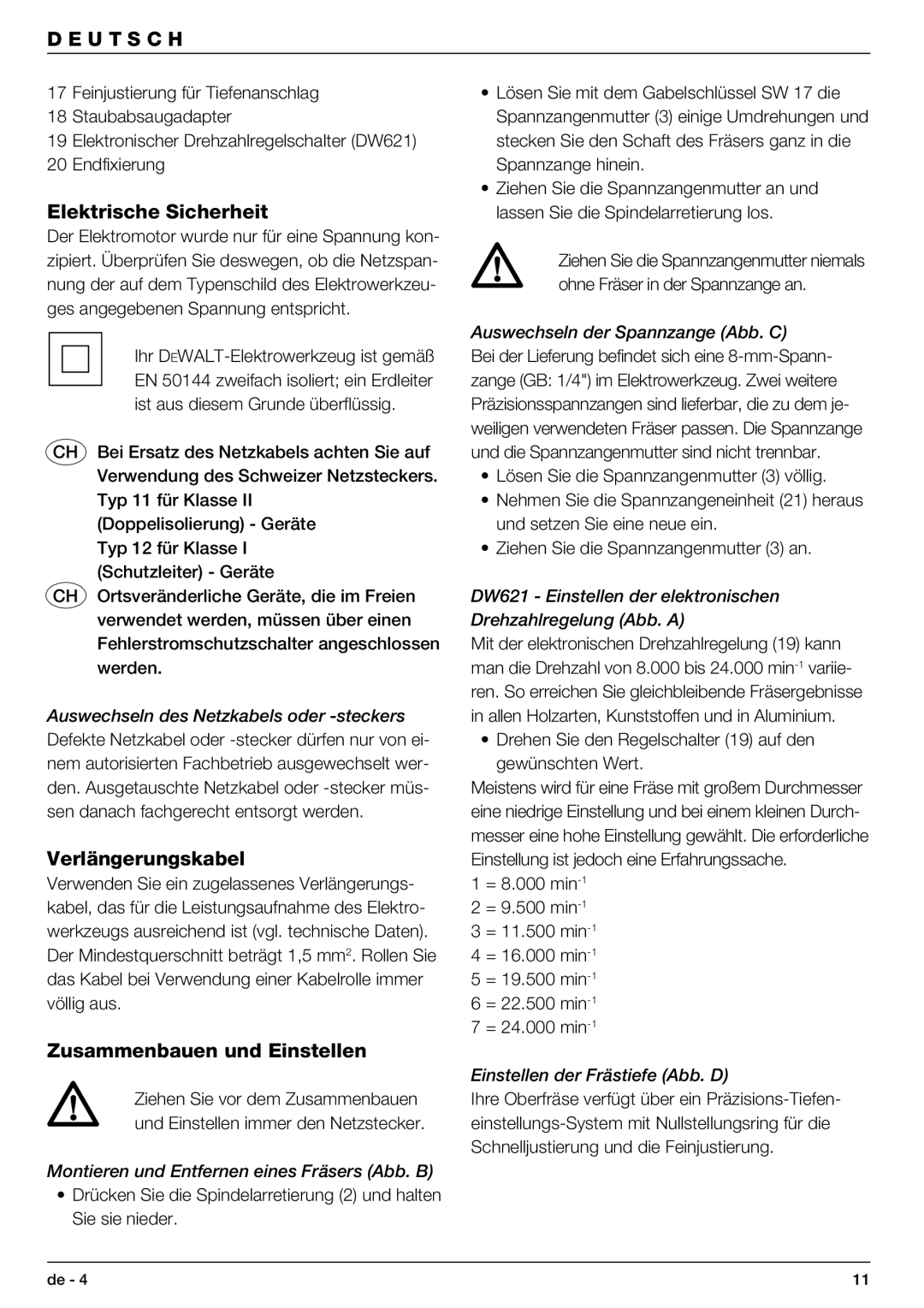 DeWalt DW621 manual Elektrische Sicherheit, Verlängerungskabel, Zusammenbauen und Einstellen 