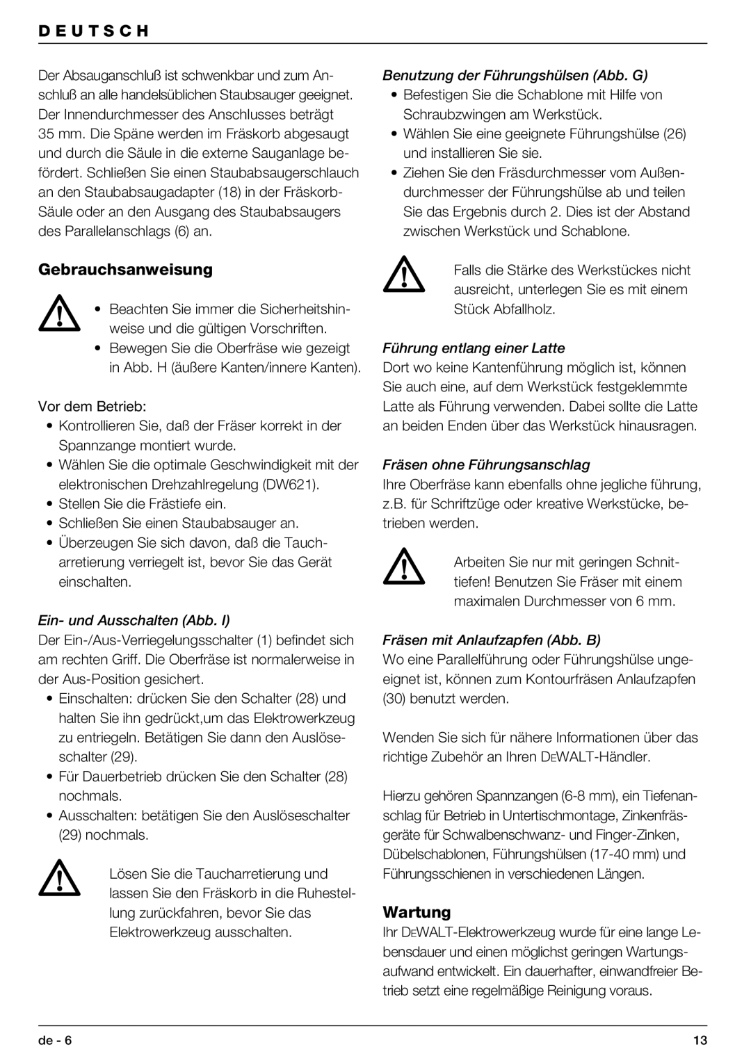 DeWalt DW621 manual Gebrauchsanweisung, Wartung 