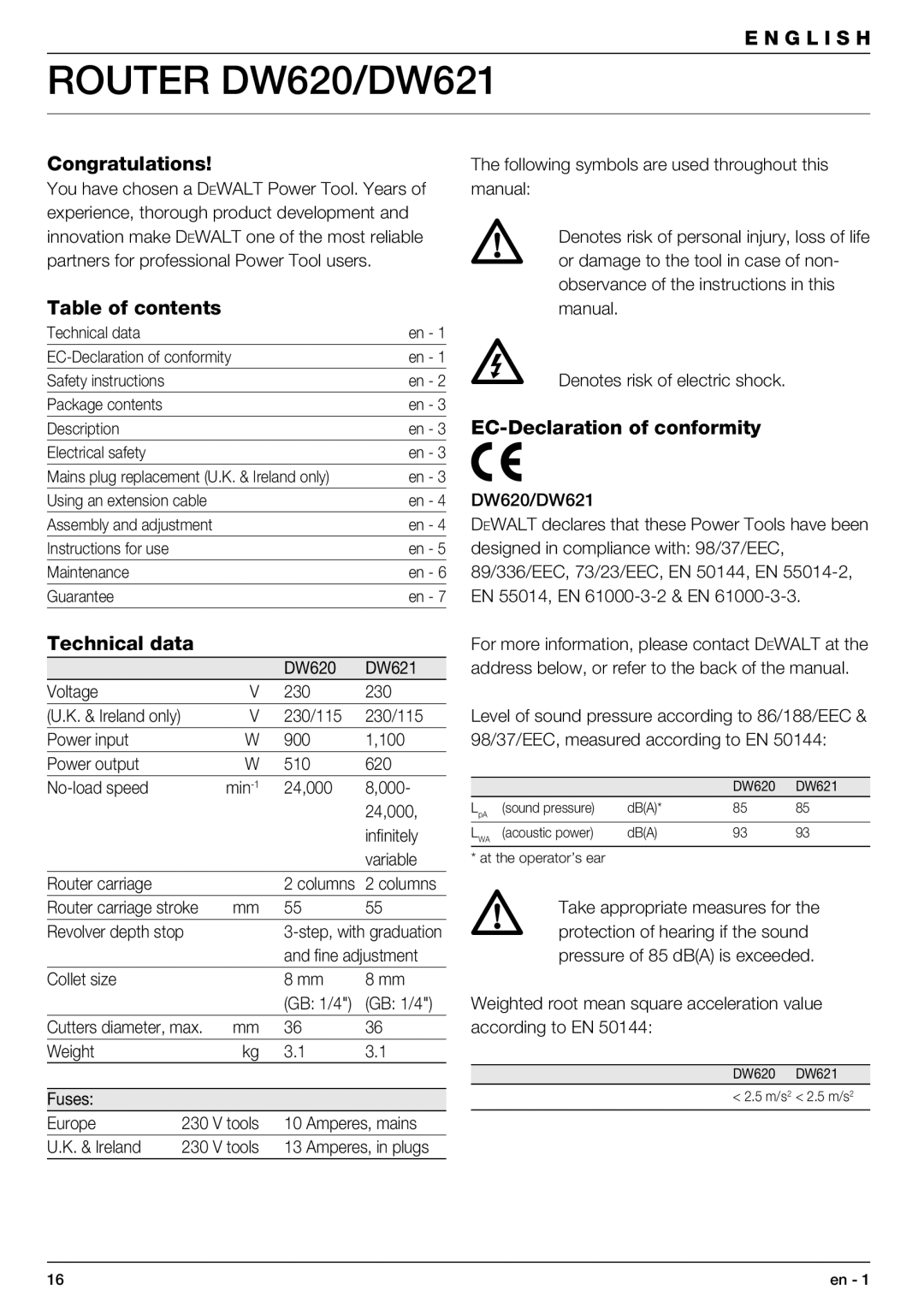 DeWalt manual Router DW620/DW621, Congratulations, Table of contents, Technical data, EC-Declaration of conformity 