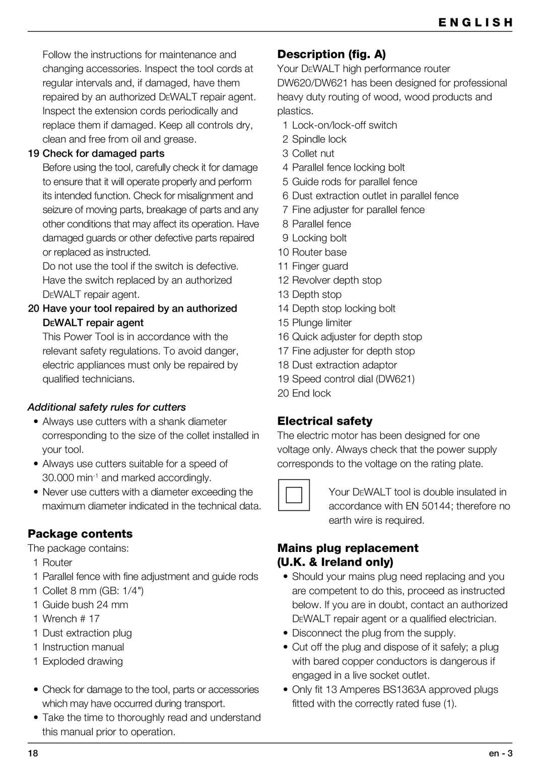 DeWalt DW621 manual Package contents, Description fig. a, Electrical safety, Mains plug replacement U.K. & Ireland only 