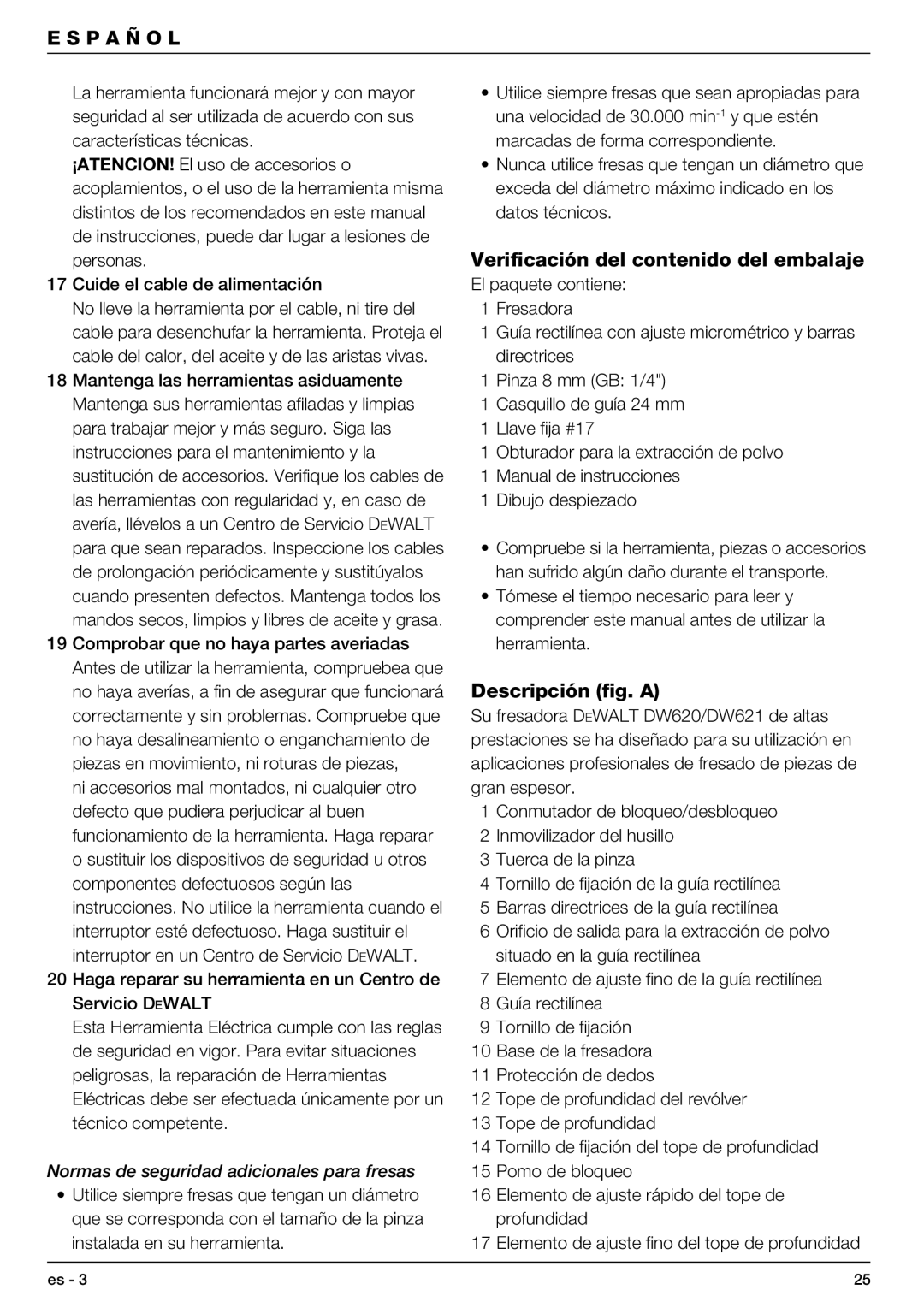 DeWalt DW621 Verificación del contenido del embalaje, Descripción fig. a, Normas de seguridad adicionales para fresas 