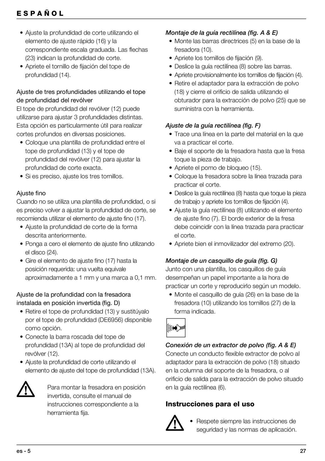 DeWalt DW621 Instrucciones para el uso, Montaje de la guía rectilínea fig. a & E, Ajuste de la guía rectilínea fig. F 