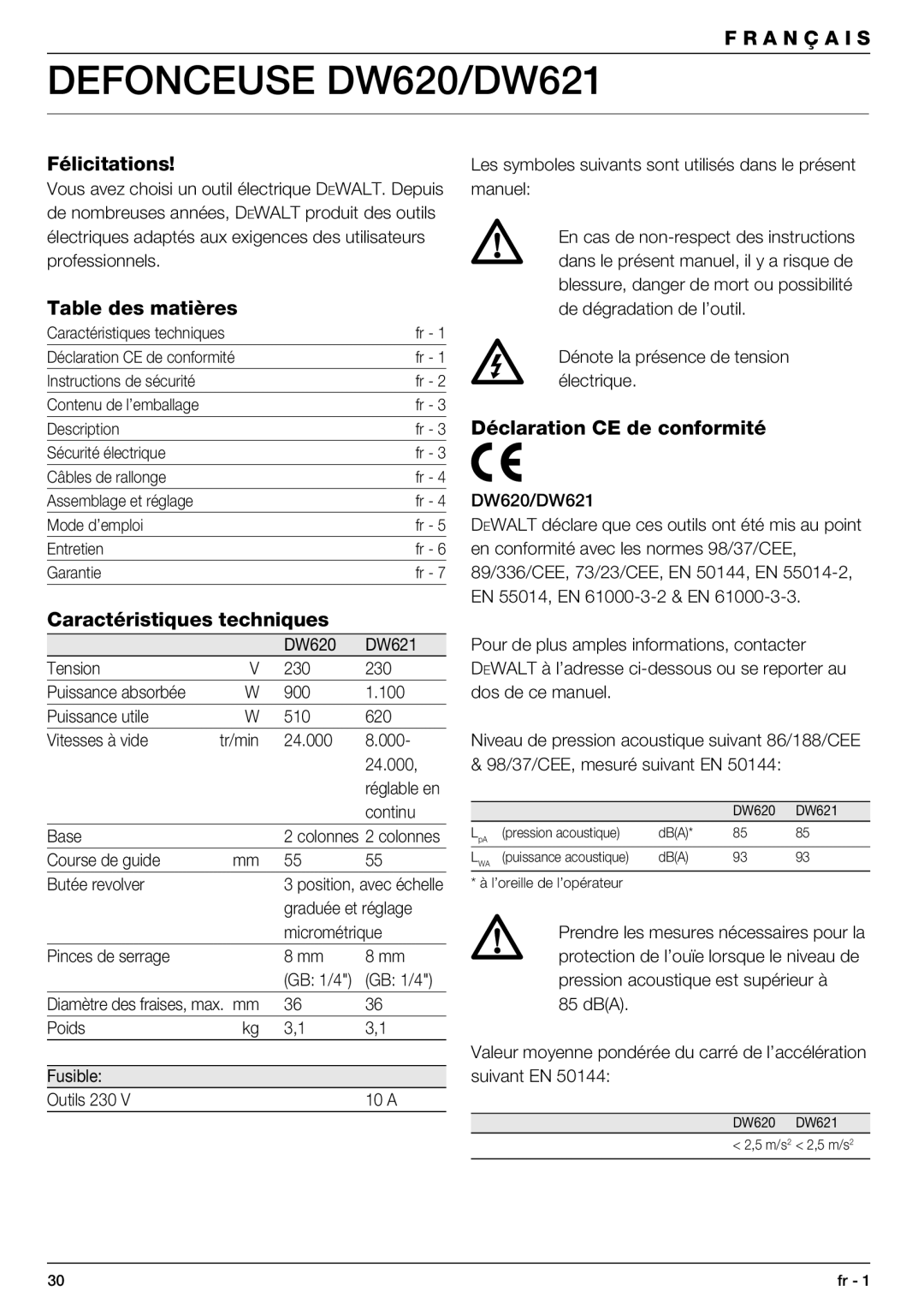 DeWalt manual Defonceuse DW620/DW621, Félicitations, Table des matières, Caractéristiques techniques 