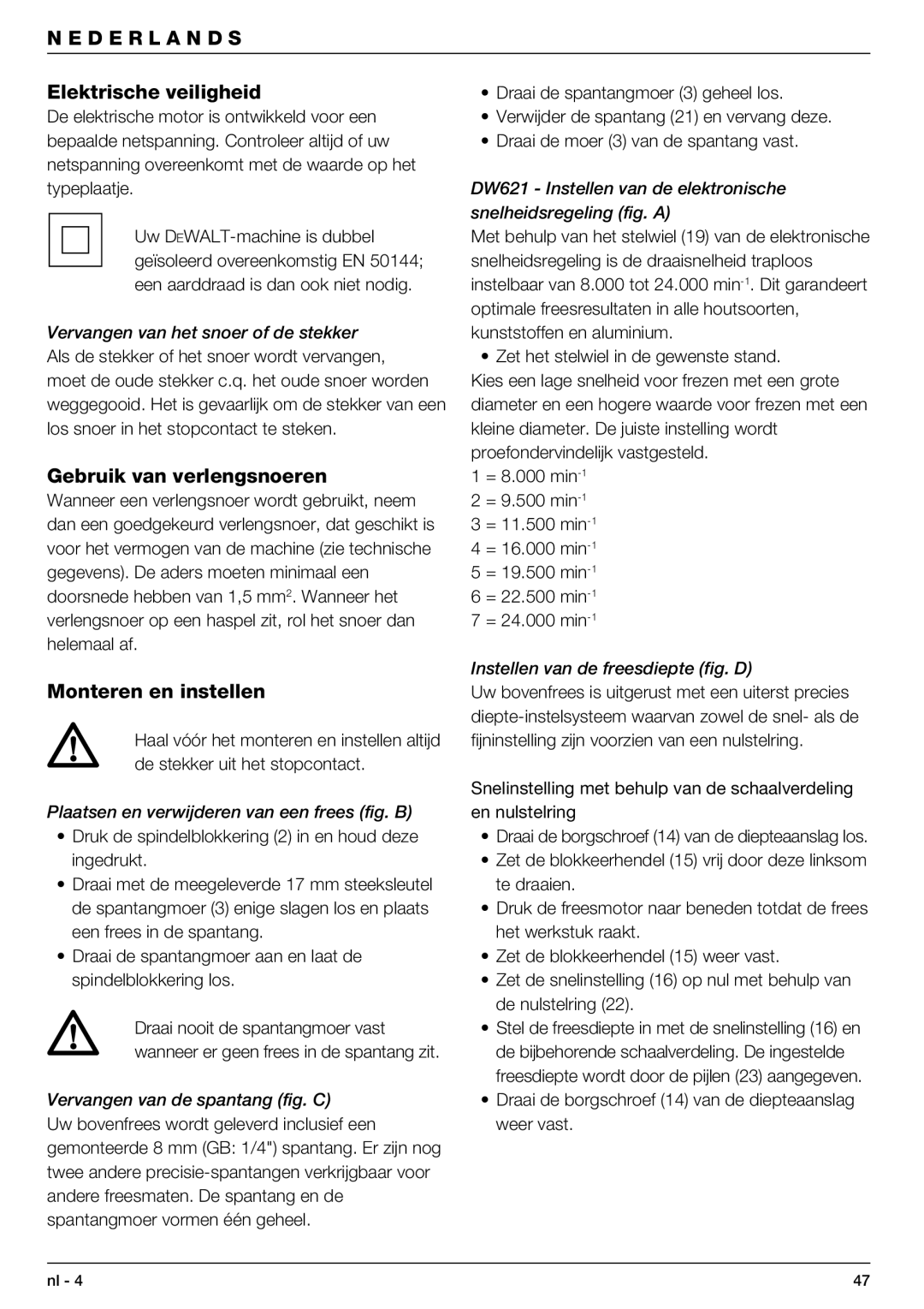 DeWalt DW621 manual Elektrische veiligheid, Gebruik van verlengsnoeren, Monteren en instellen 