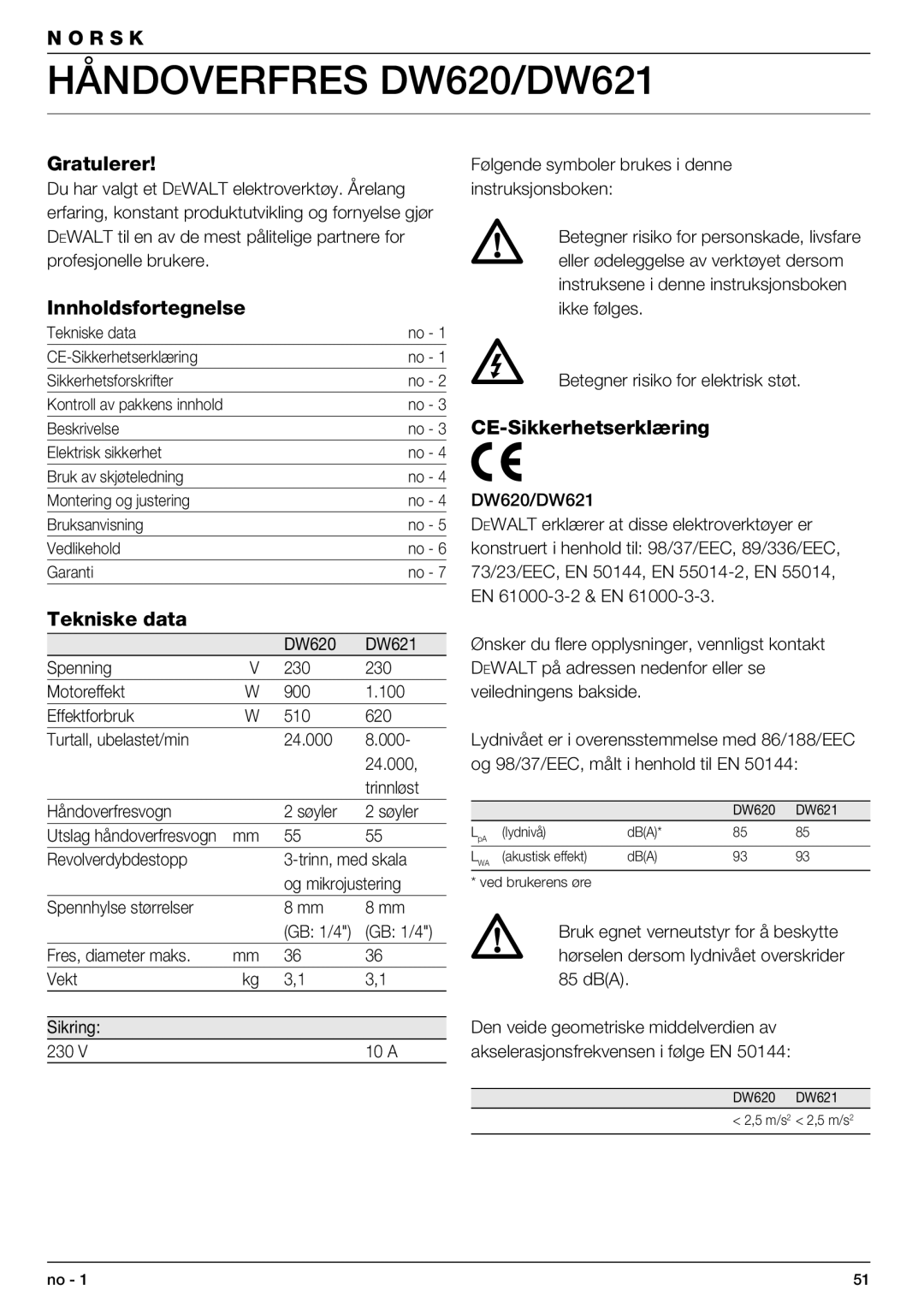 DeWalt manual Håndoverfres DW620/DW621, Gratulerer, Innholdsfortegnelse, CE-Sikkerhetserklæring 