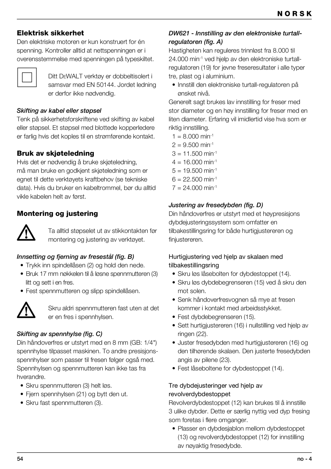 DeWalt DW621 manual Elektrisk sikkerhet, Bruk av skjøteledning, Montering og justering 