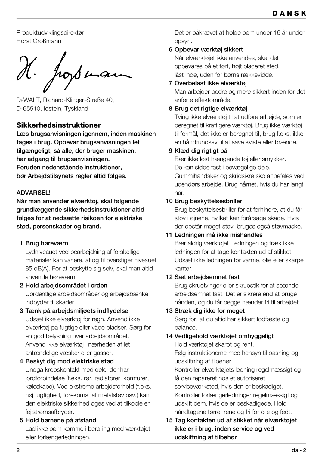 DeWalt DW621 manual Sikkerhedsinstruktioner 